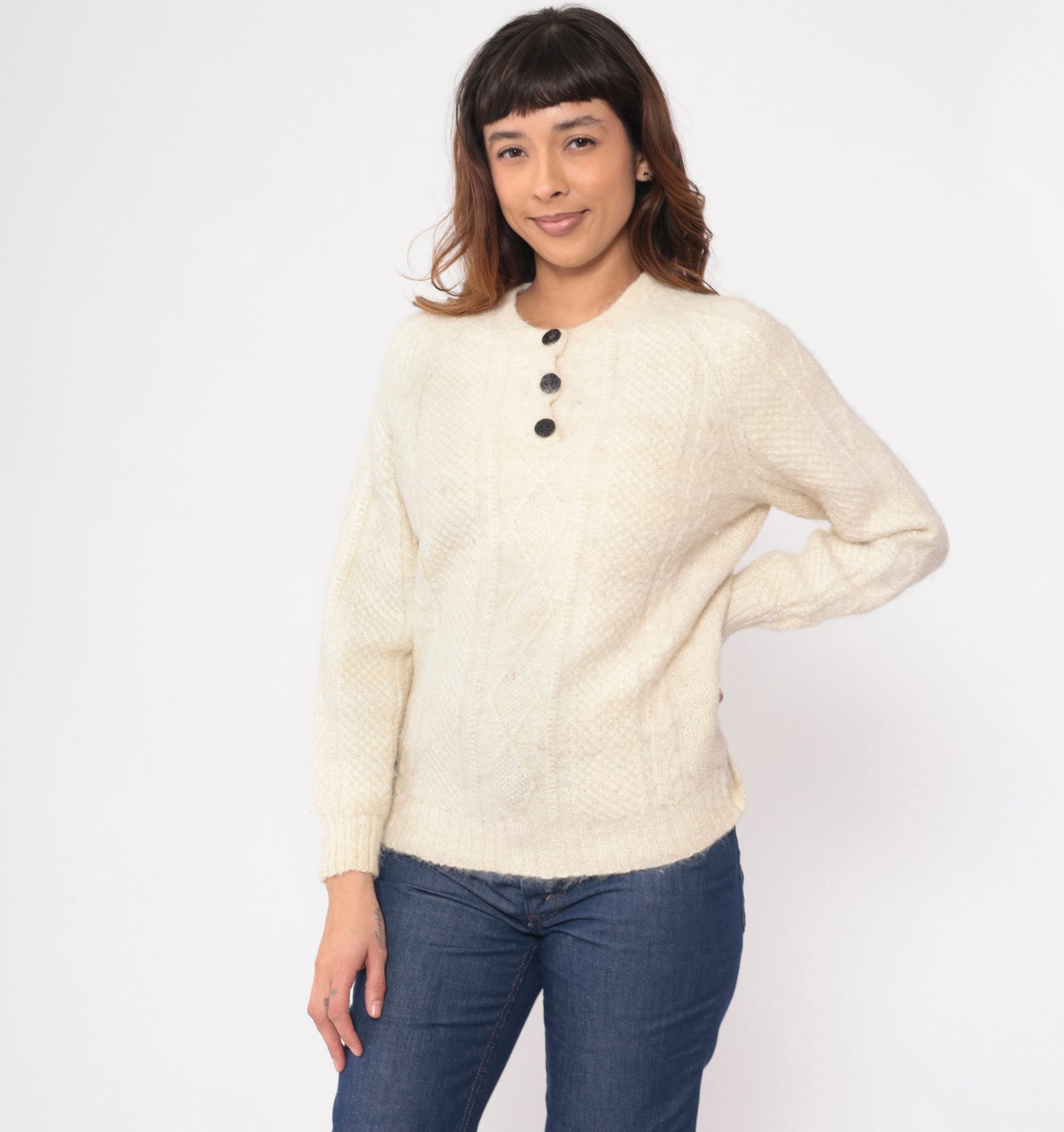 80s Aymara Alpaca Wool Cable Knit Sweater Cream Raglan Small S