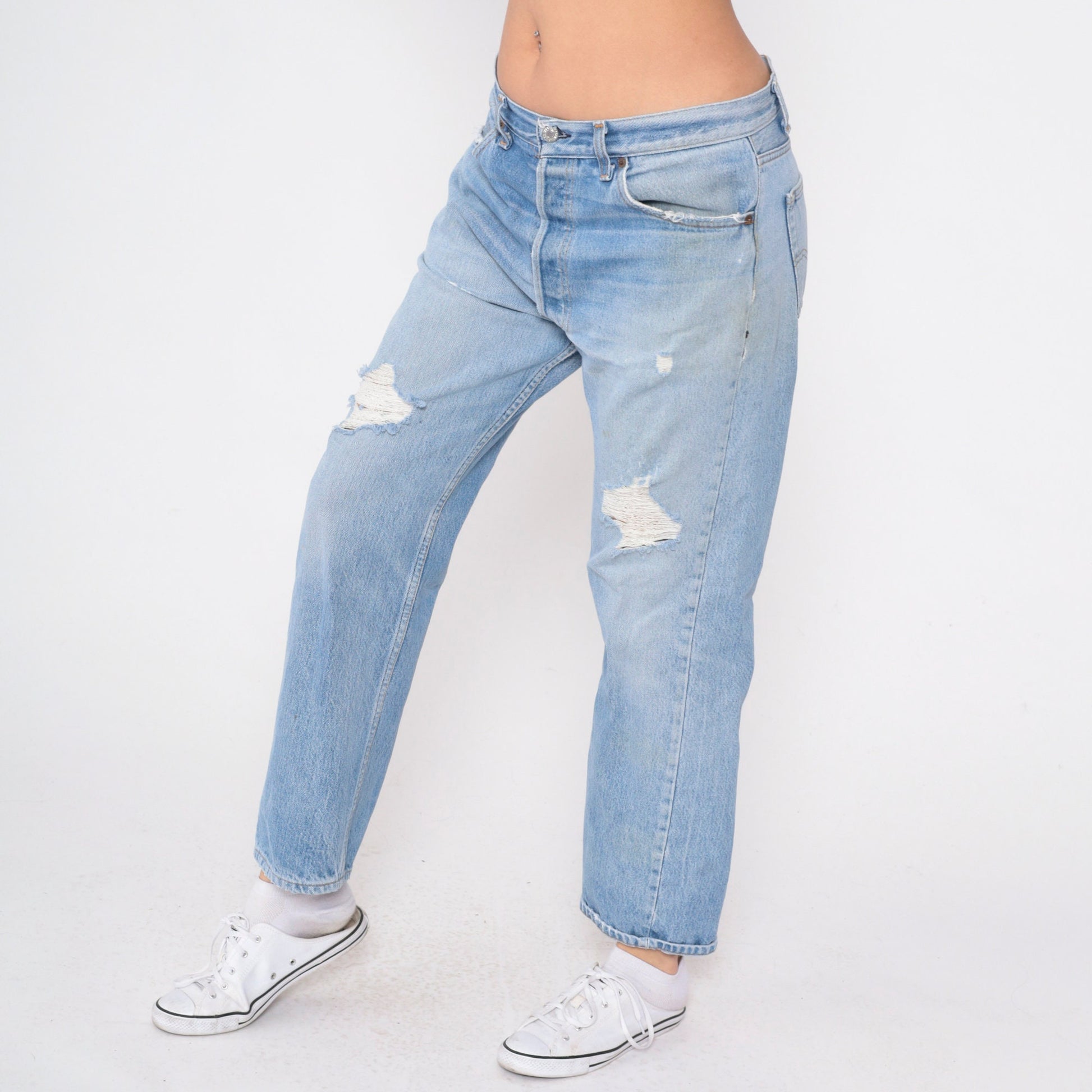 90s Levis 501 Ripped Blue Denim Jeans Button Fly Relaxed Fit Large 36