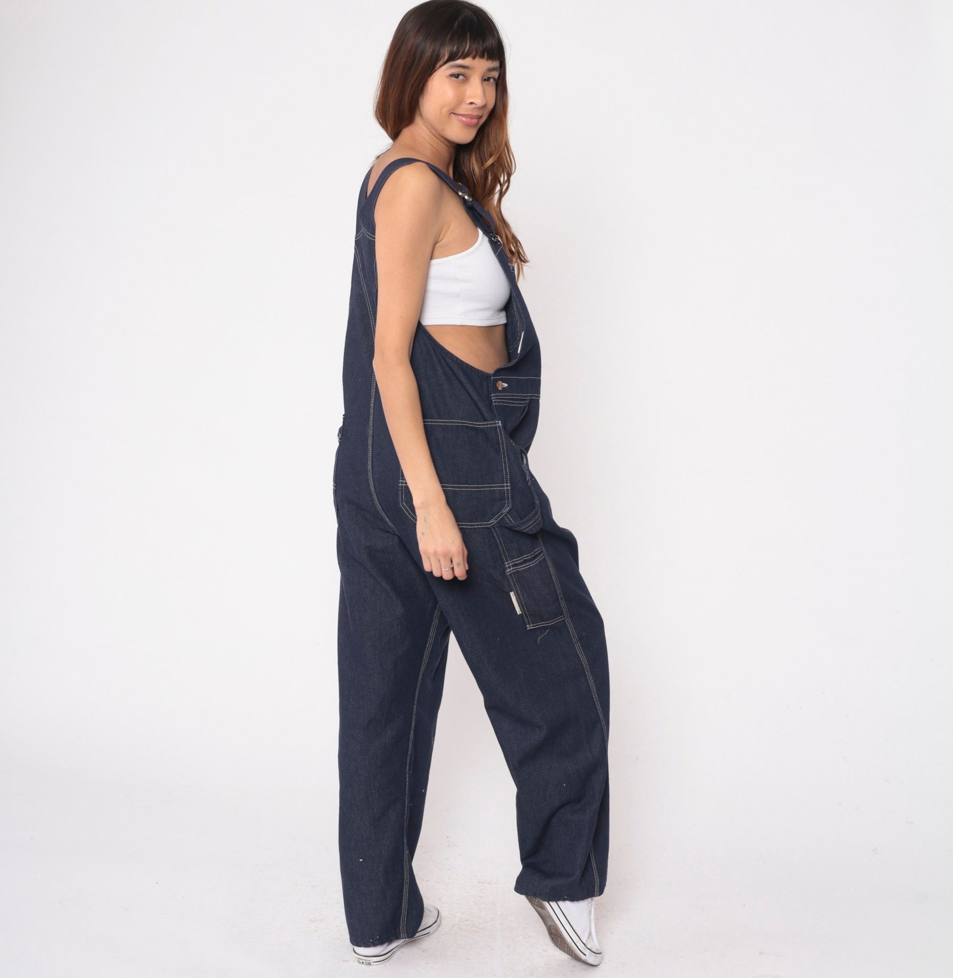 70s Toughskins Dark Blue Denim Bib Overalls Straight Leg Men's 40x30