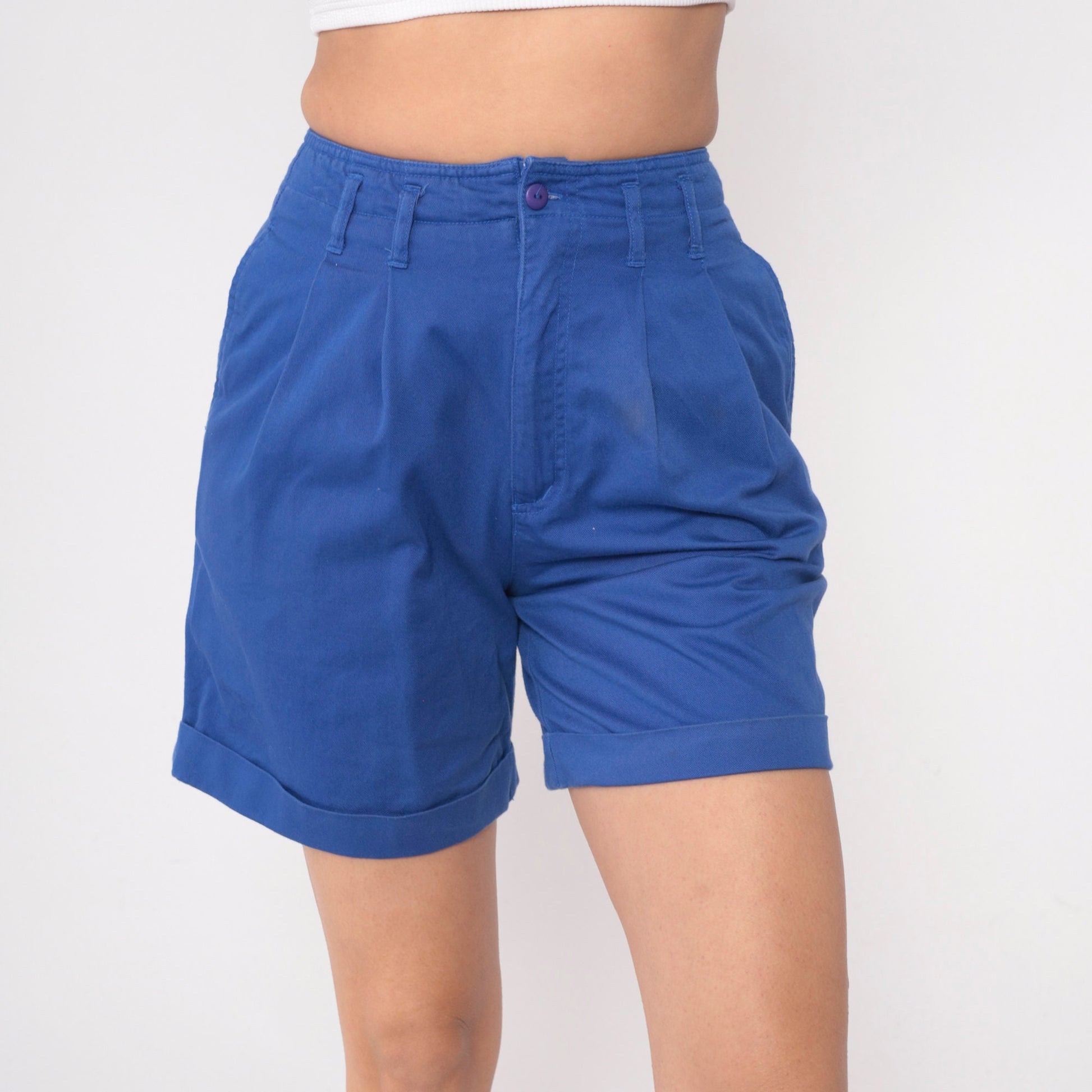 90s High Waisted Pleated Shorts Royal Blue Cotton Small