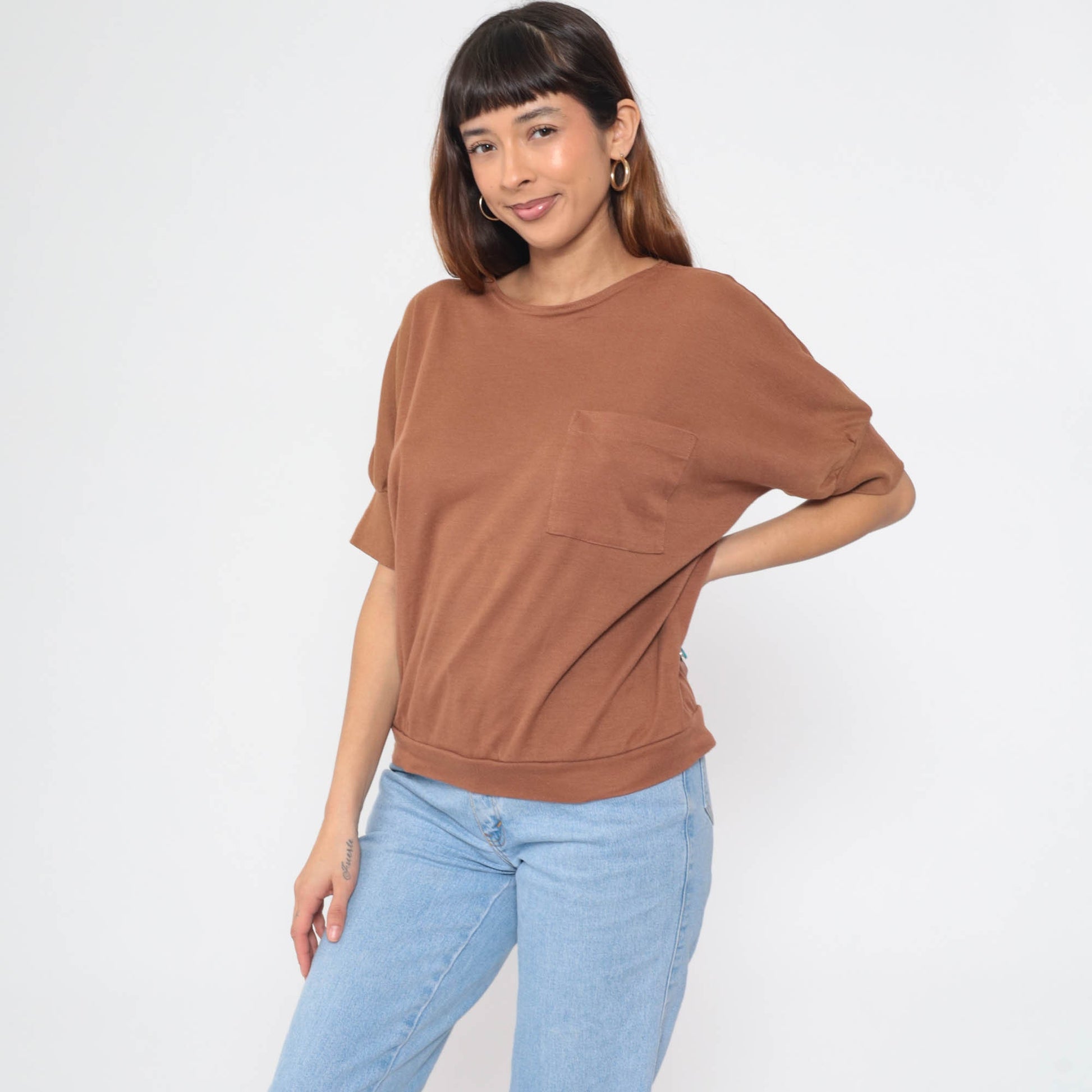 80s Brown Dolman Sleeve Pocket Tee Slouchy Crewneck Large L