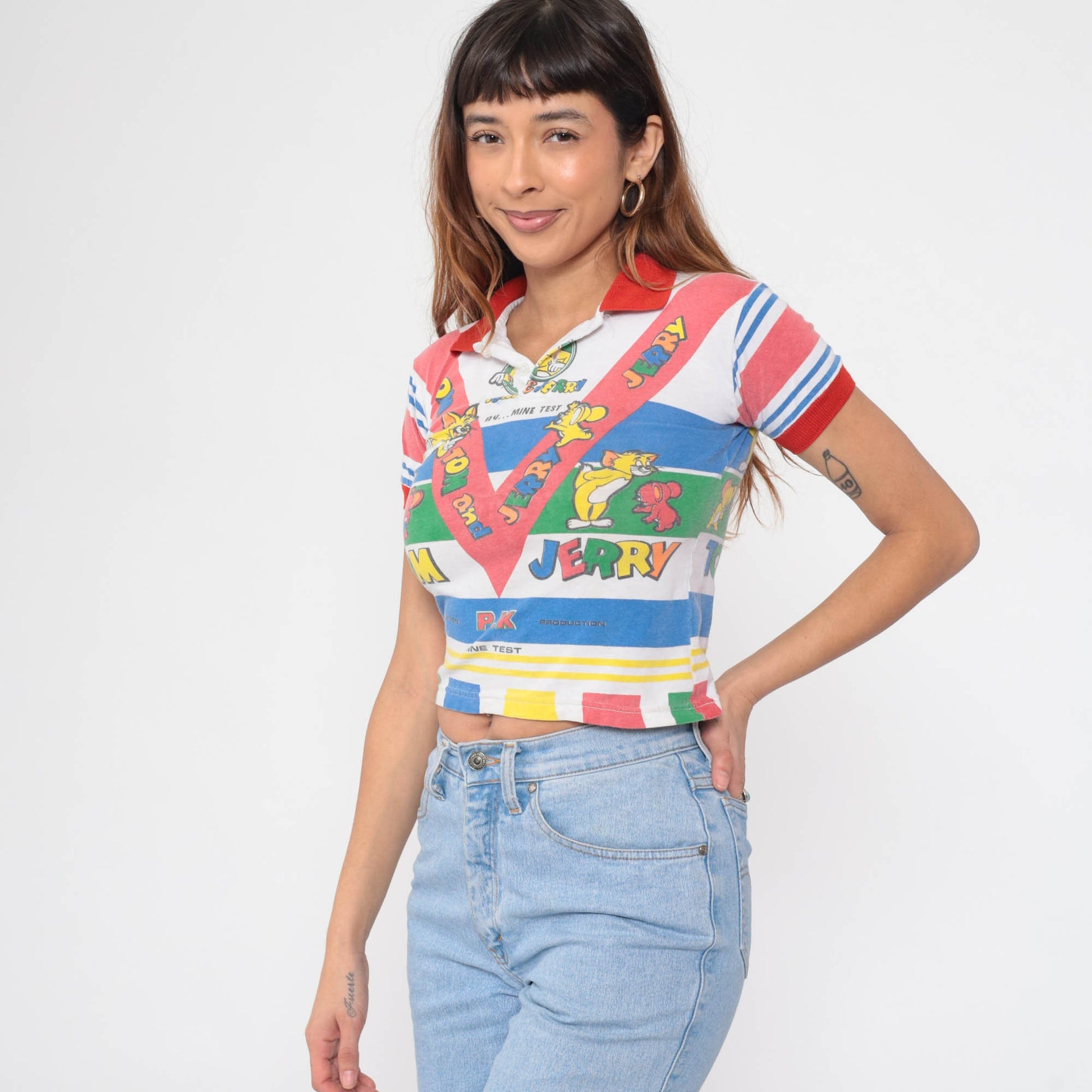 80s Tom and Jerry Polo Shirt Graphic Kids Crop Top 2XS