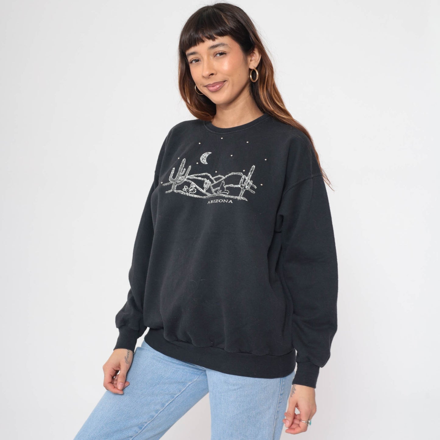 90s Arizona Coyote Desert Sweatshirt Black Beaded Graphic Crewneck Large L