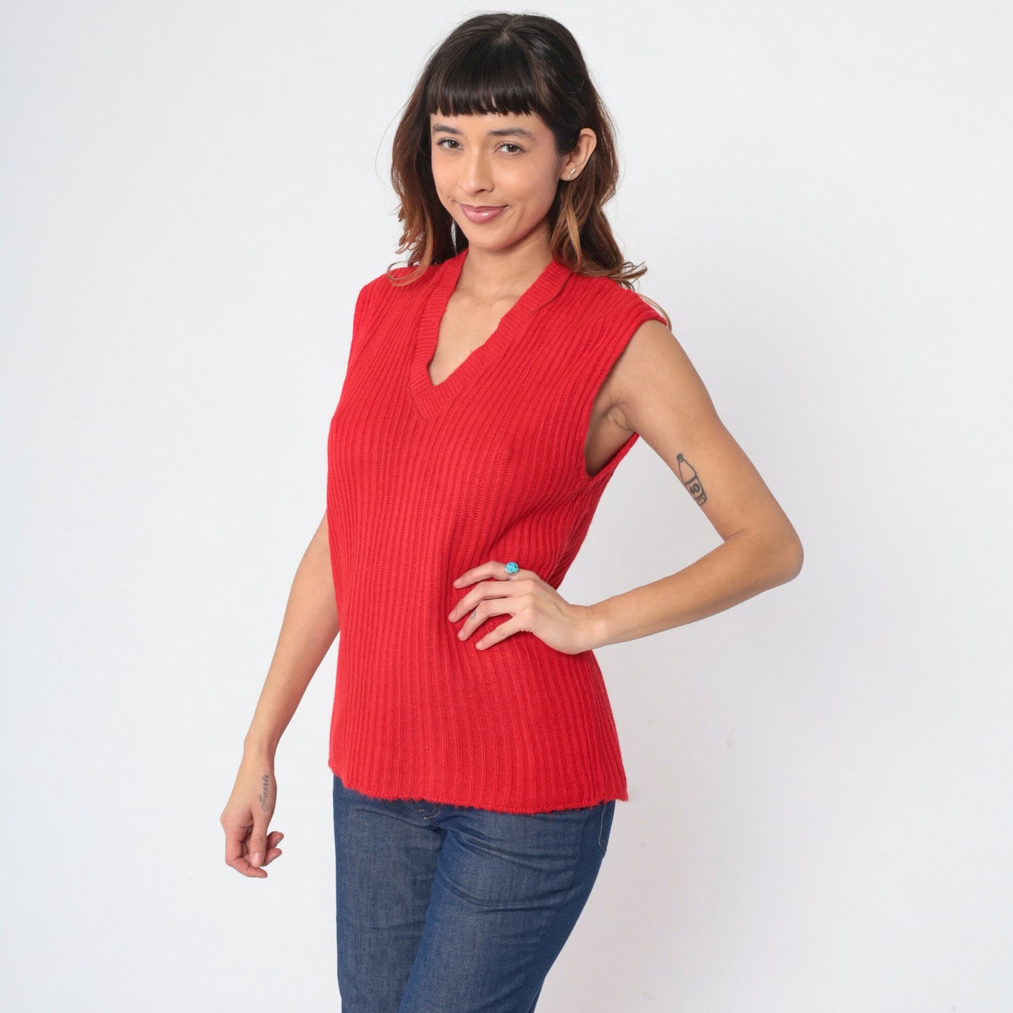 70s Red Ribbed Knit Sweater Vest V-Neck Sleeveless Pullover Large L