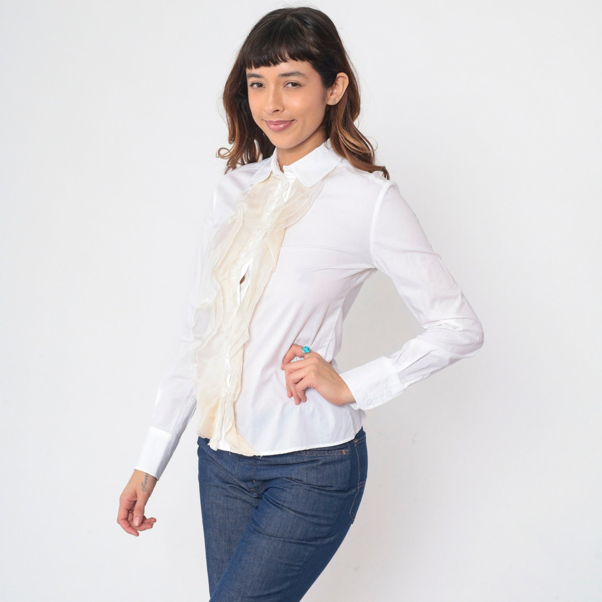 80s Valentino White Ruffled Tuxedo Blouse Long Sleeve Button Up Extra Small