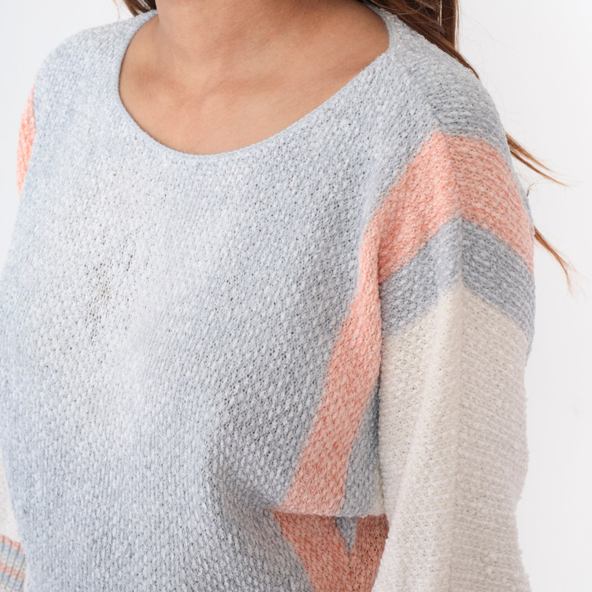 70s Dolman Sleeve Knit Sweater Grey Orange White Striped Colorblock Small