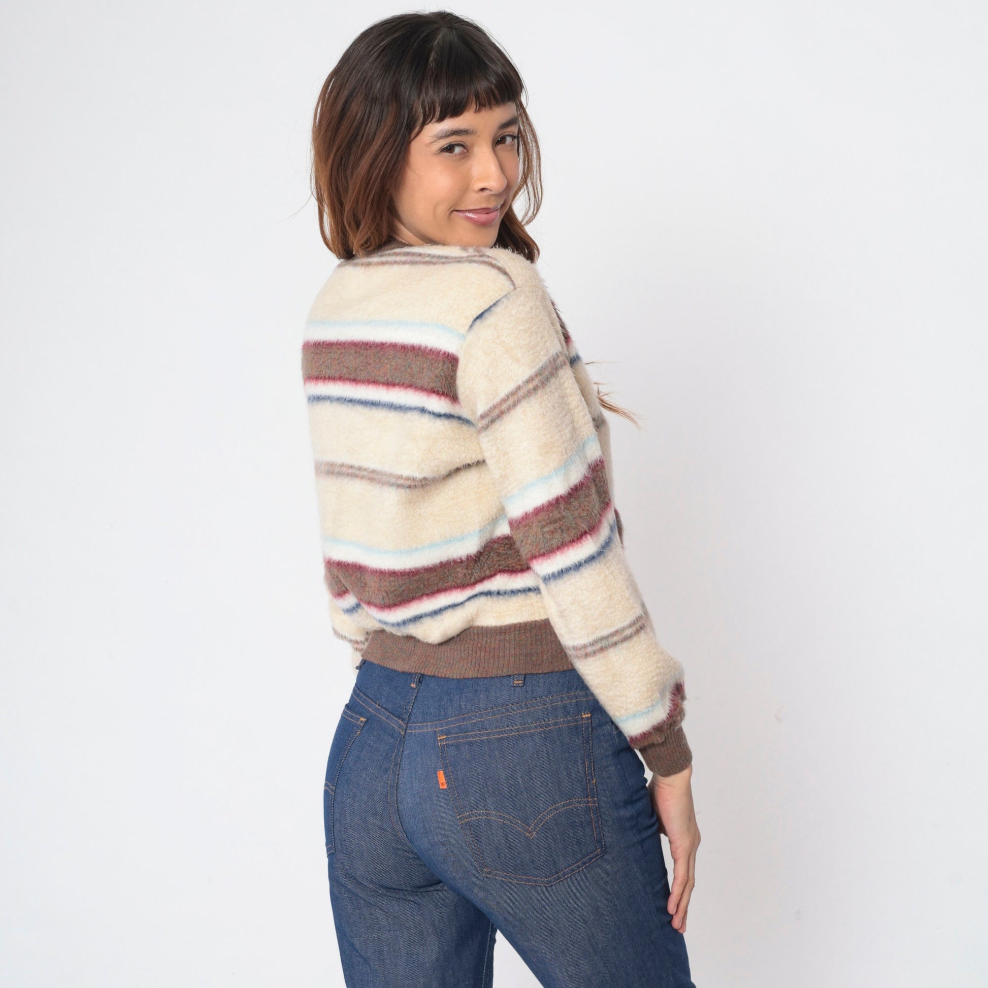 70s Striped Fleece V-Neck Sweatshirt Brown Cream Red Blue Large L