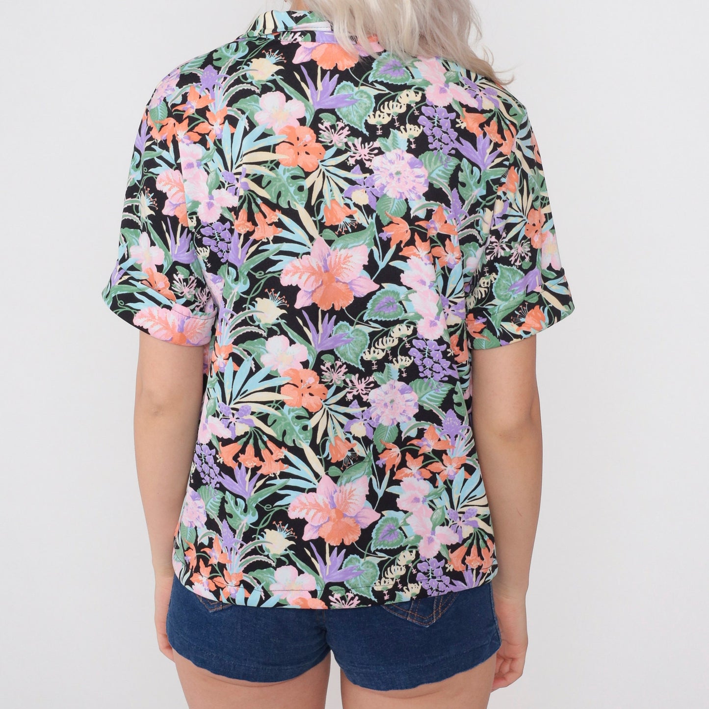 70s Black Floral Collared Blouse V Neck Drawstring Waist Short Sleeve Medium