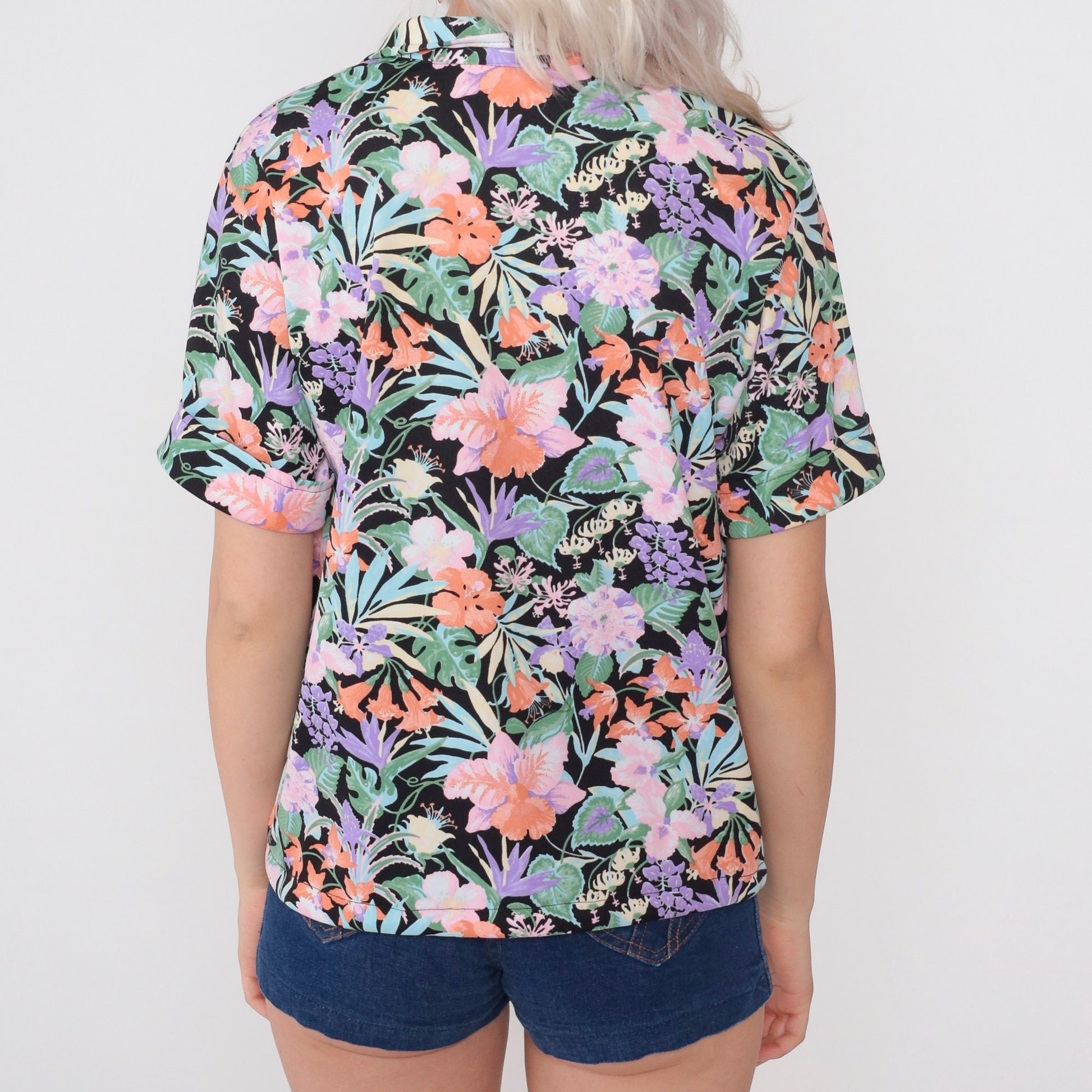 70s Black Floral Collared Blouse V Neck Drawstring Waist Short Sleeve Medium