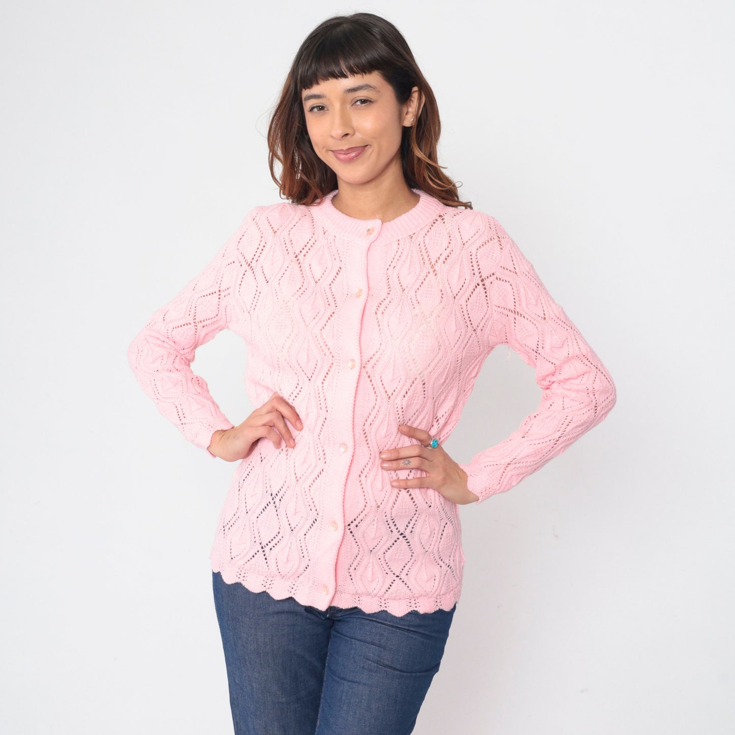 80s Baby Pink Pointelle Cardigan Button-Up Knit Sweater Scalloped Hem Medium M