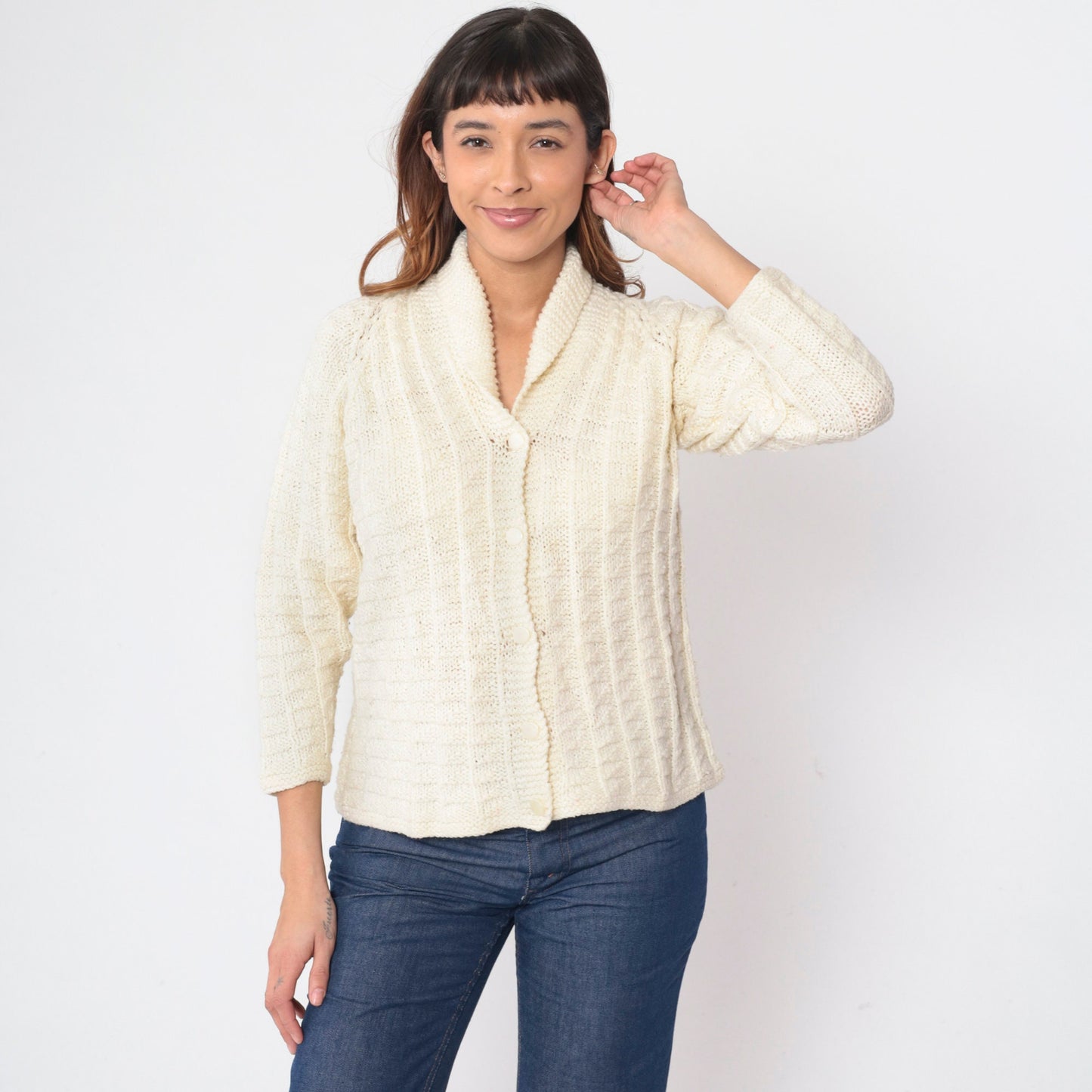 70s Cream Cardigan Shawl Collar Button-Up Knit Sweater Raglan Small S