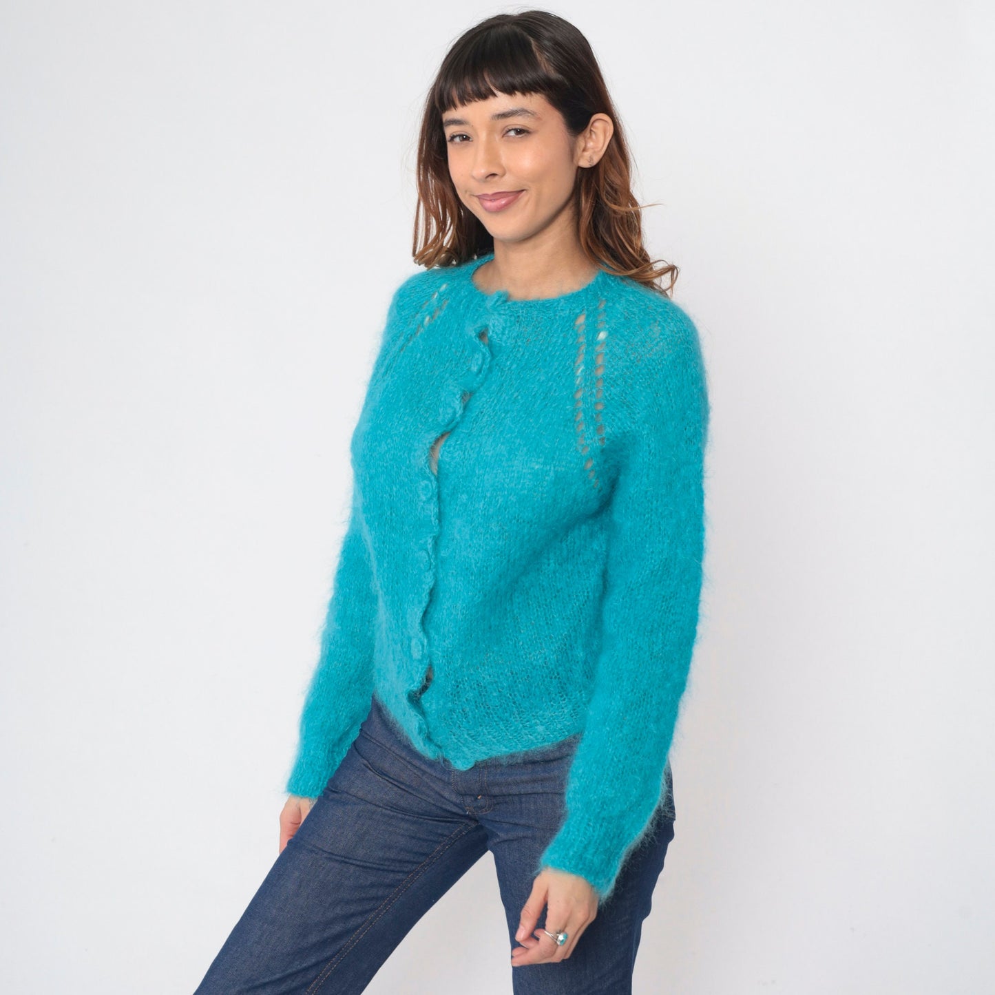 70s Blue Mohair Cardigan Cutout Raglan Sleeve Knit Sweater Medium