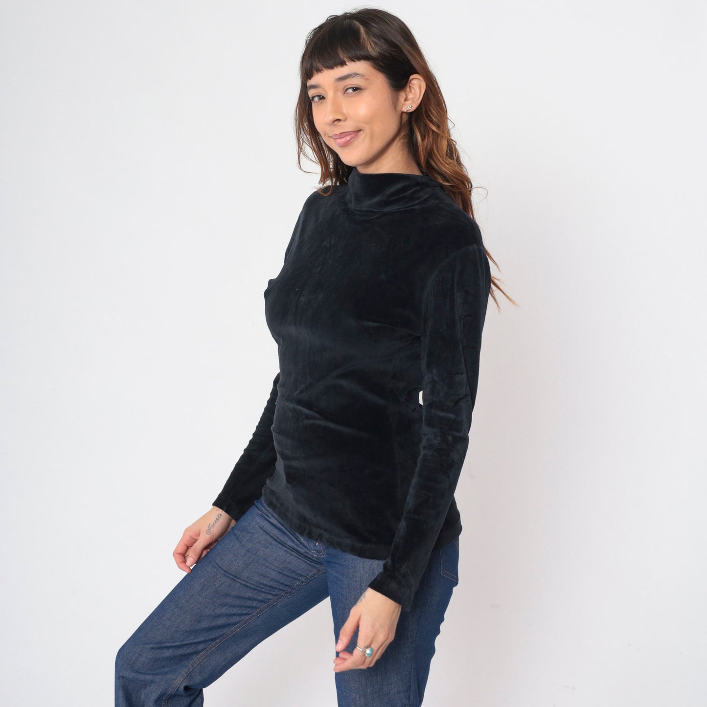 90s Black Velvet Turtleneck Blouse Long Sleeve Small S