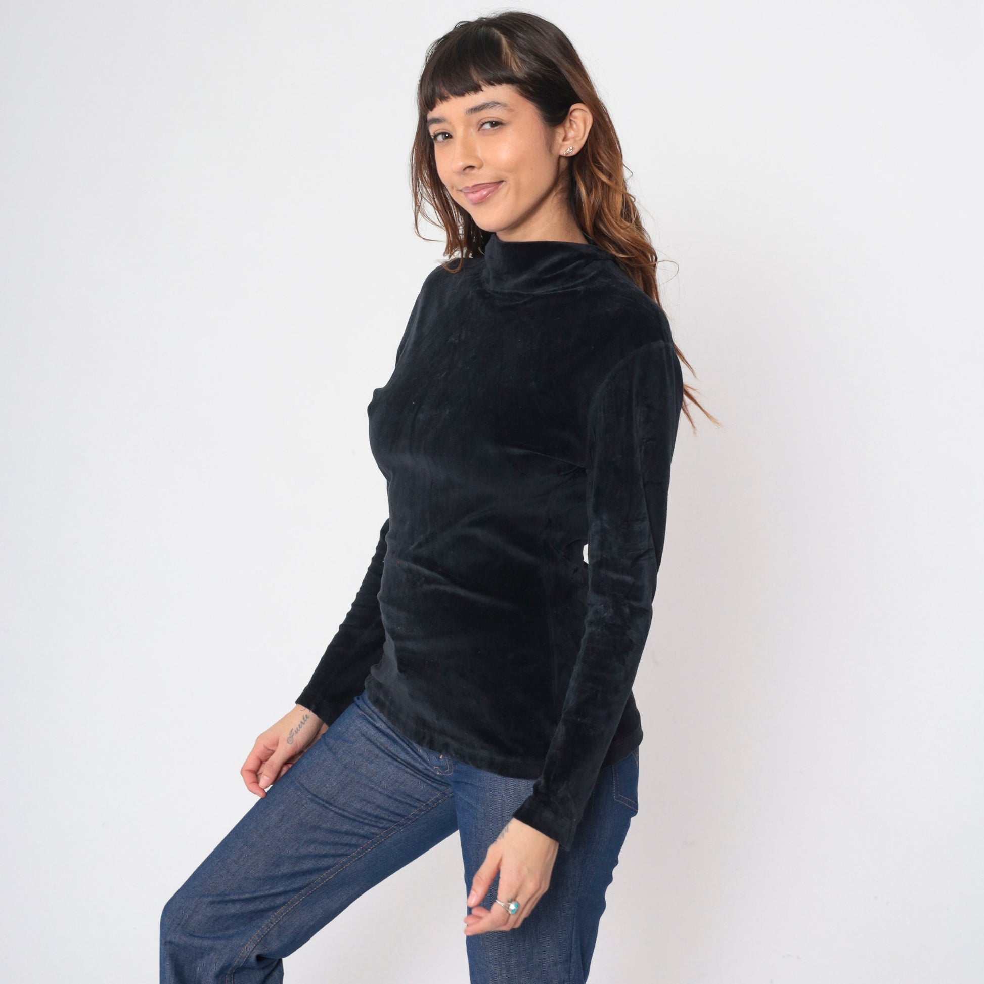 90s Black Velvet Turtleneck Blouse Long Sleeve Small S