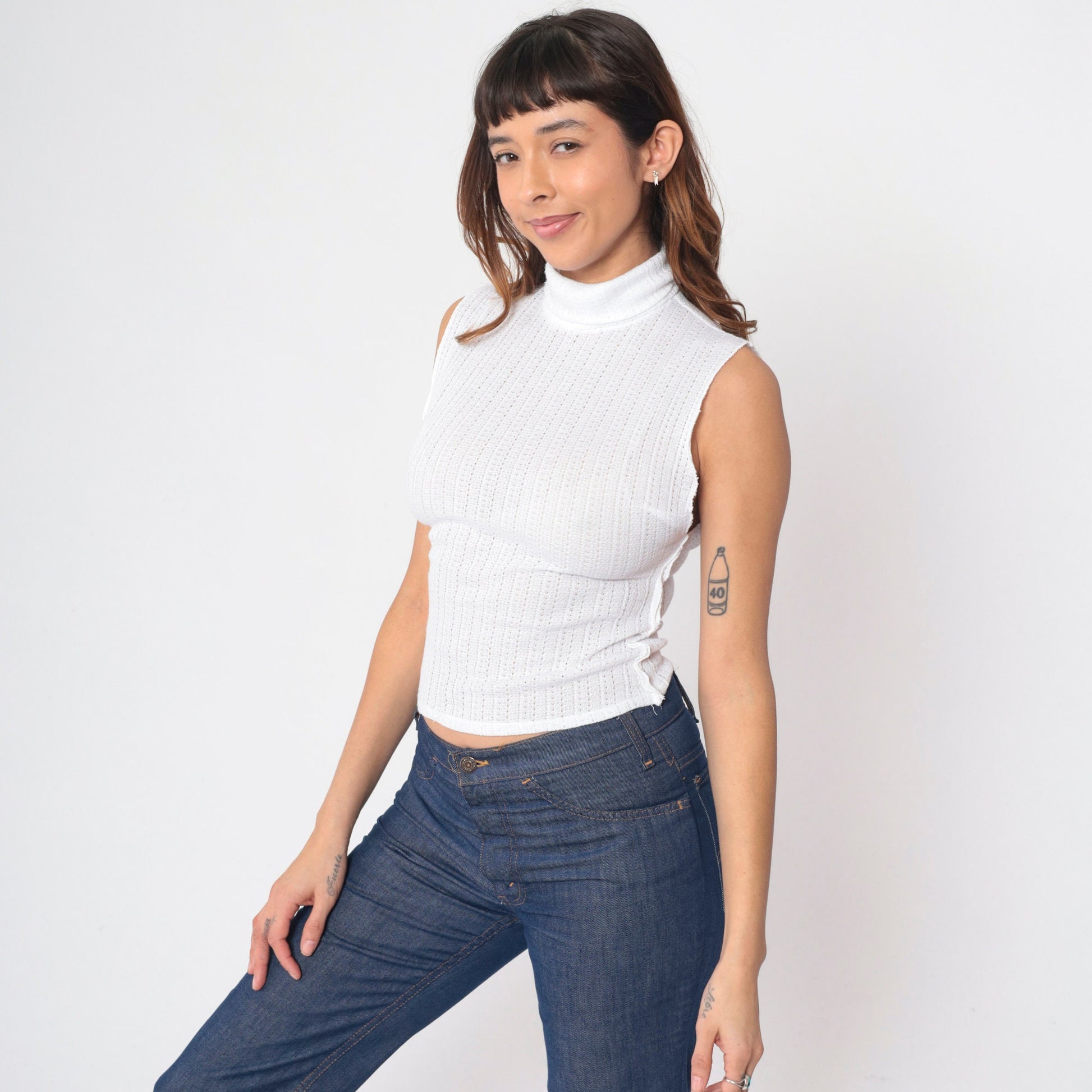 70s White Mock Neck Crop Tank Top Pointelle Cutout Sleeveless Small