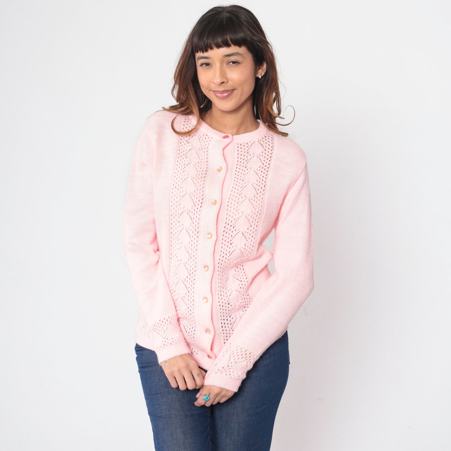70s Baby Pink Pointelle Cardigan Button-Up Knit Sweater Small S