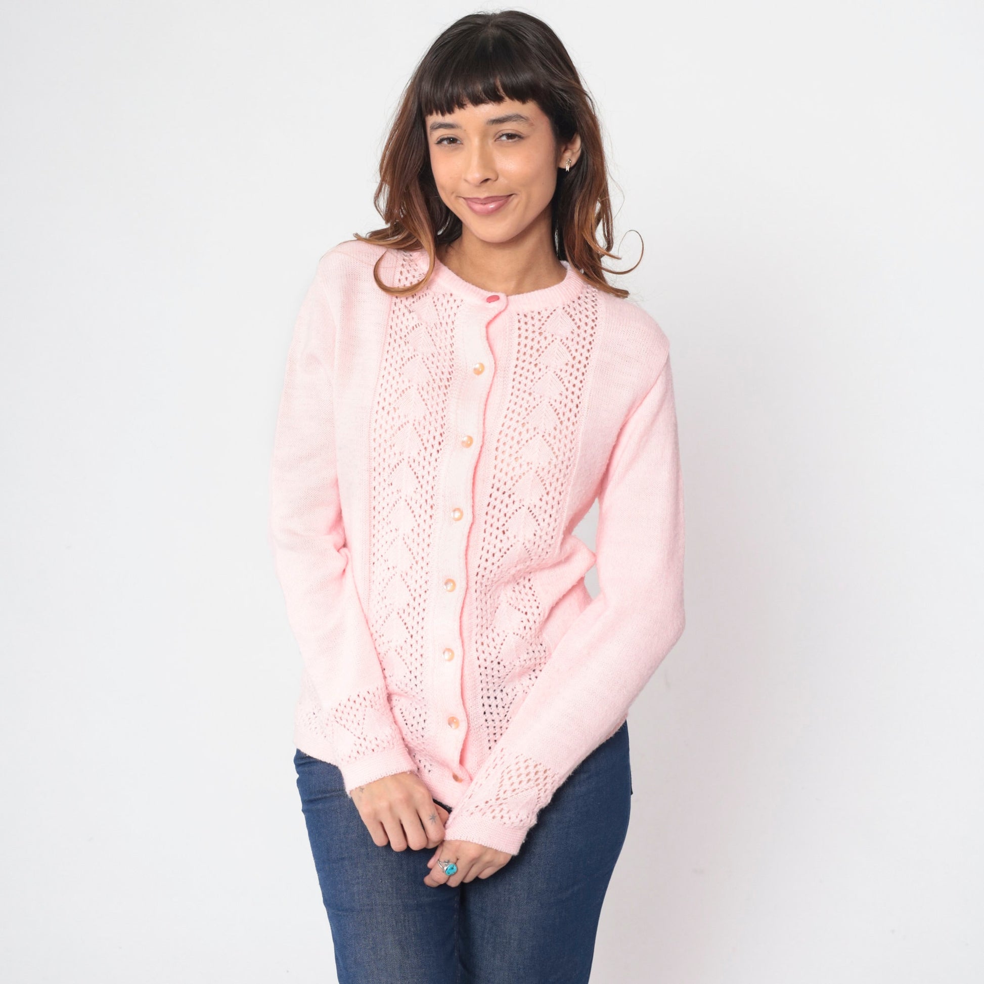 70s Baby Pink Pointelle Cardigan Button-Up Knit Sweater Small S