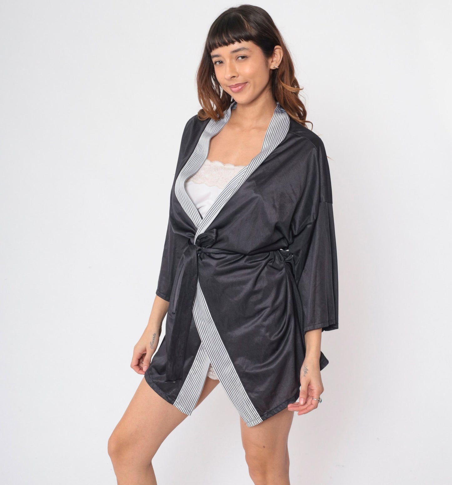 80s Black & White Striped Pajama Robe Tie Front Mini Lounge Jacket Large L