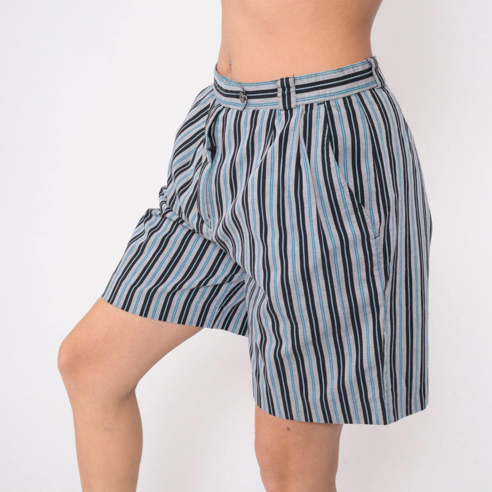 90s Head Sportswear Striped Shorts High Waist Pleated Blue White Black Medium