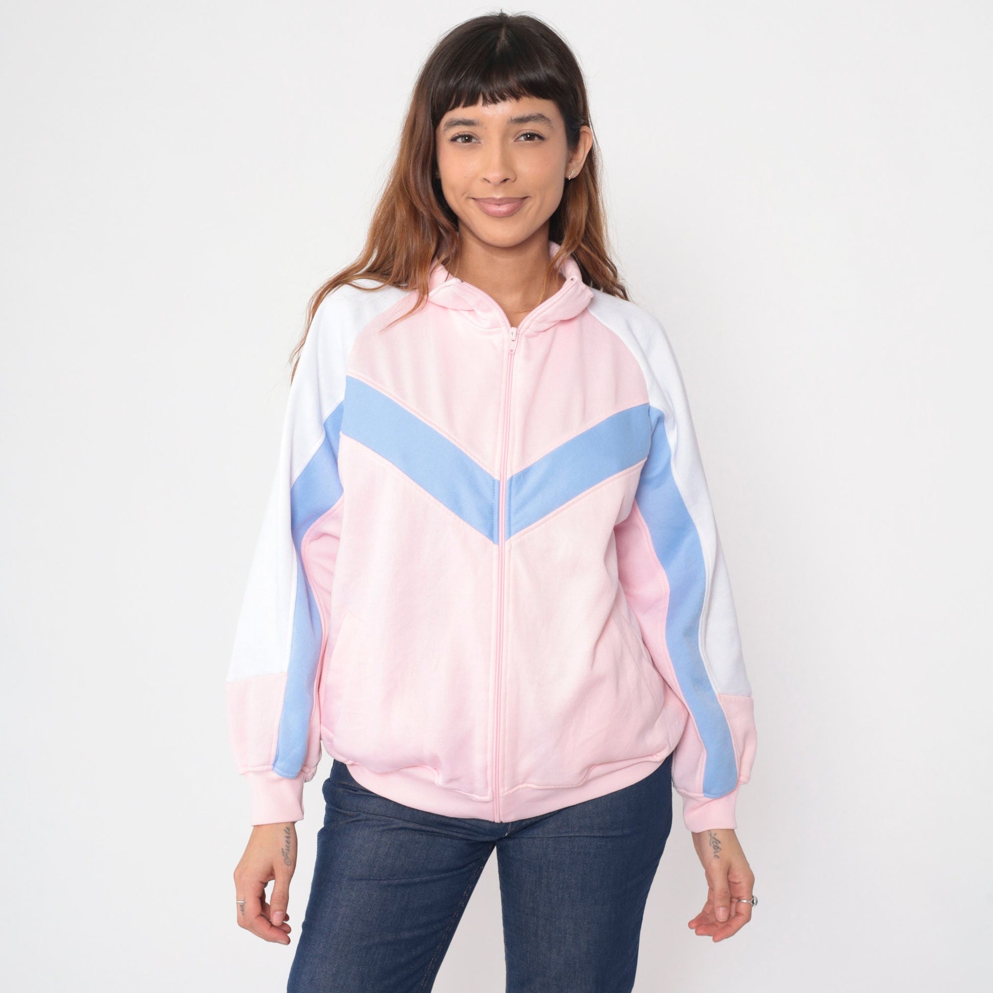 90s Baby Pink Track Jacket Periwinkle Chevron Stripe Zip Raglan Large L
