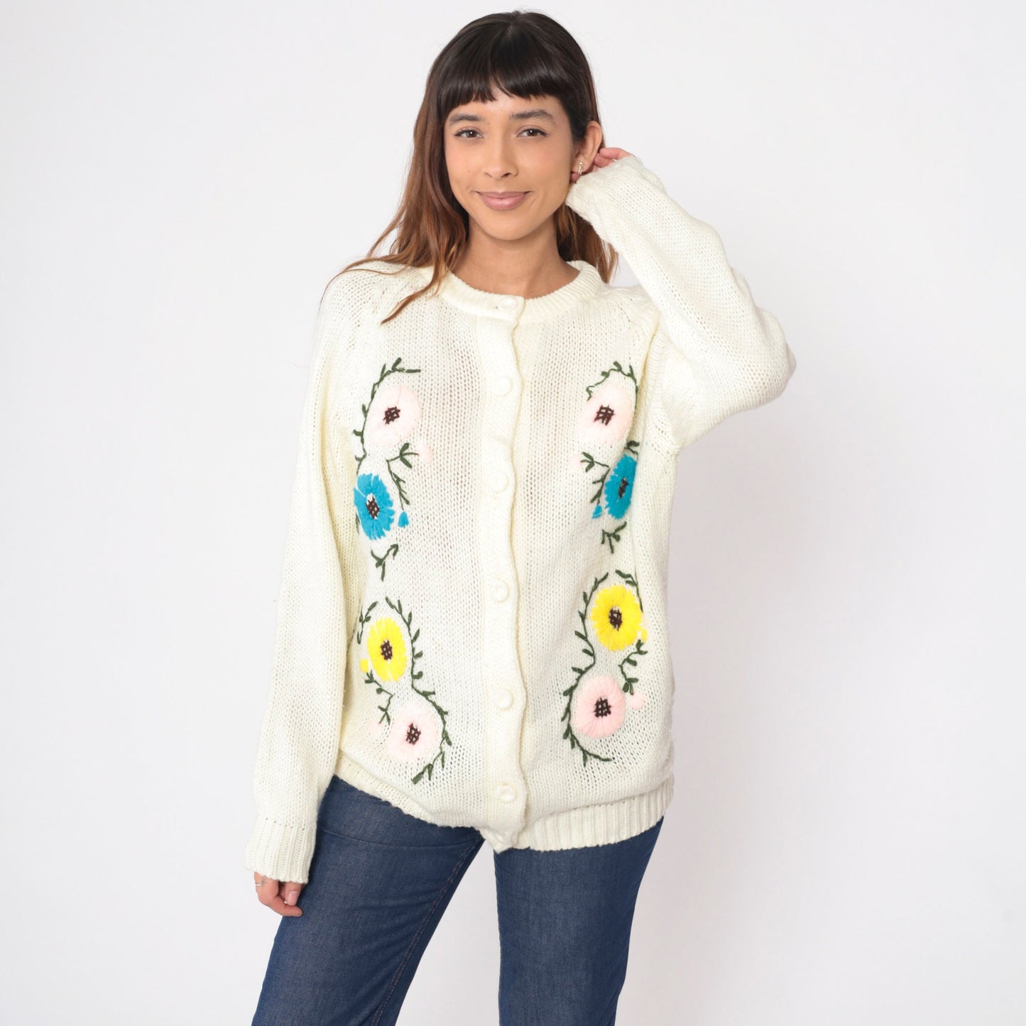 70s Floral Embroidered Cardigan Sweater Off-White Raglan Knit Large