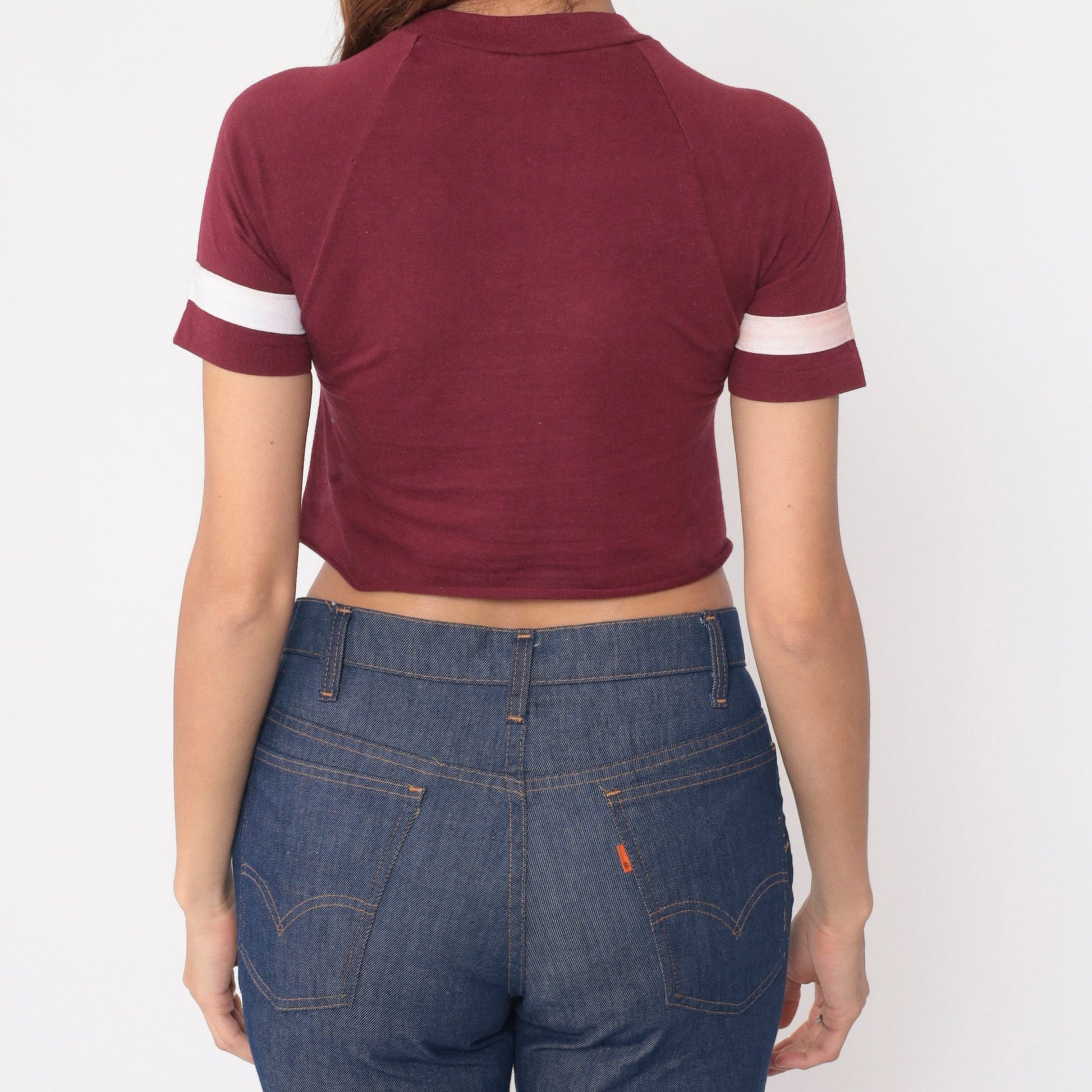 80s Champion Garden City Crop Top Burgundy Raglan Tee Extra Small