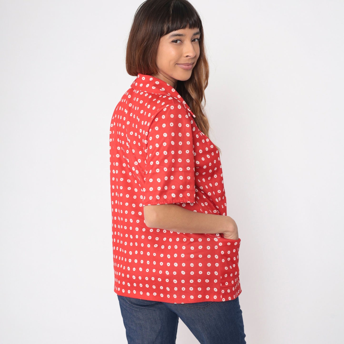 70s Red Polka Dot Button-Up Blouse Dagger Collar Yoke Pockets Large