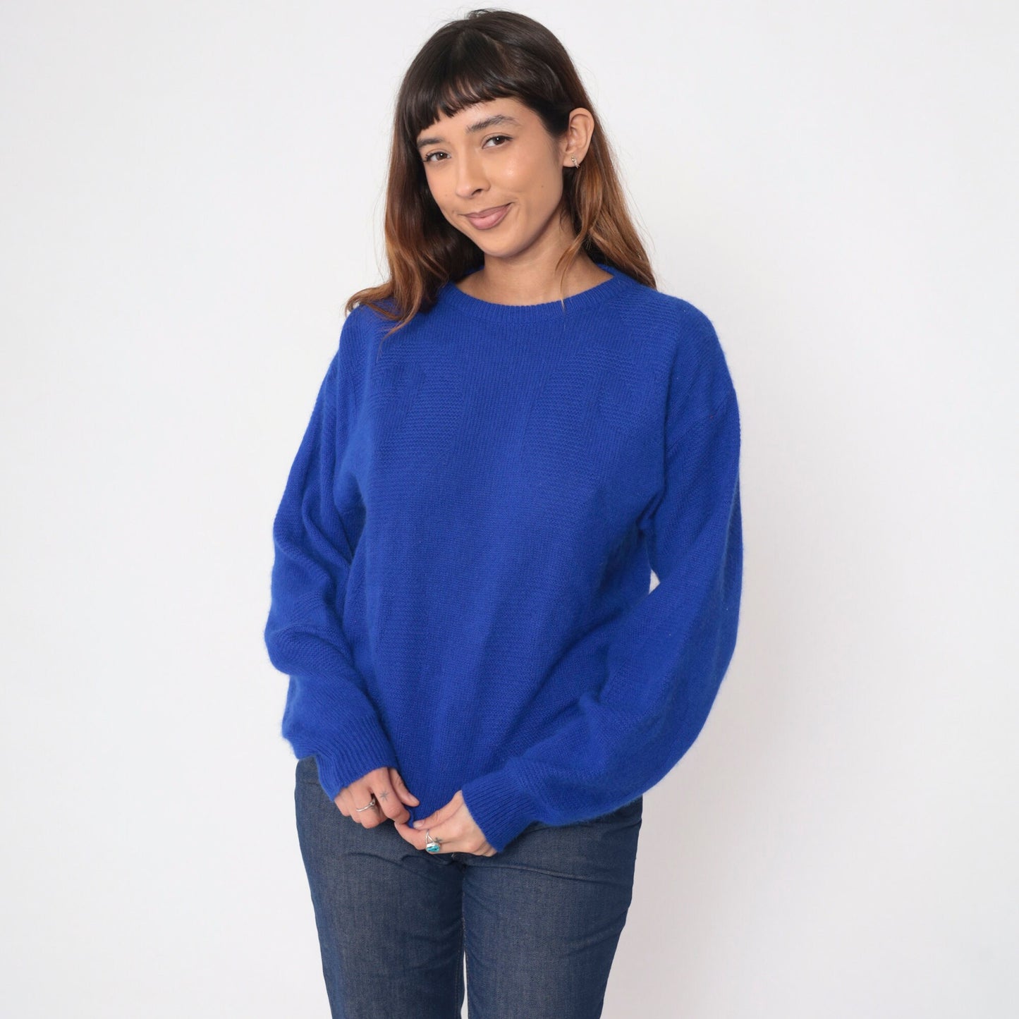 Pierre Cardin 90s Royal Blue Angora Wool Sweater Textured Crewneck Medium M