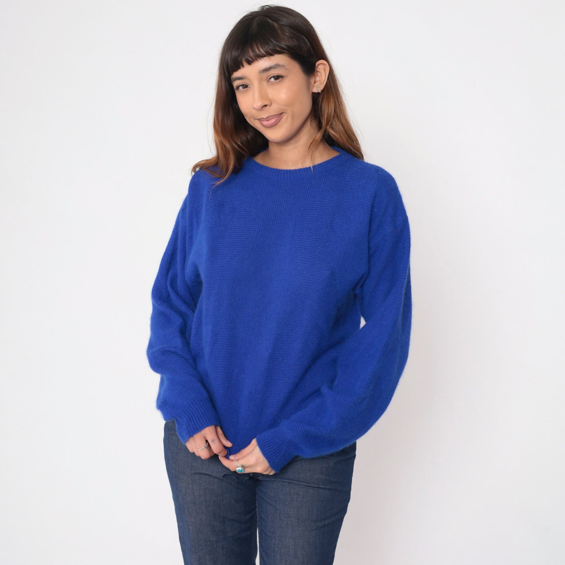 Pierre Cardin 90s Royal Blue Angora Wool Sweater Textured Crewneck Medium M