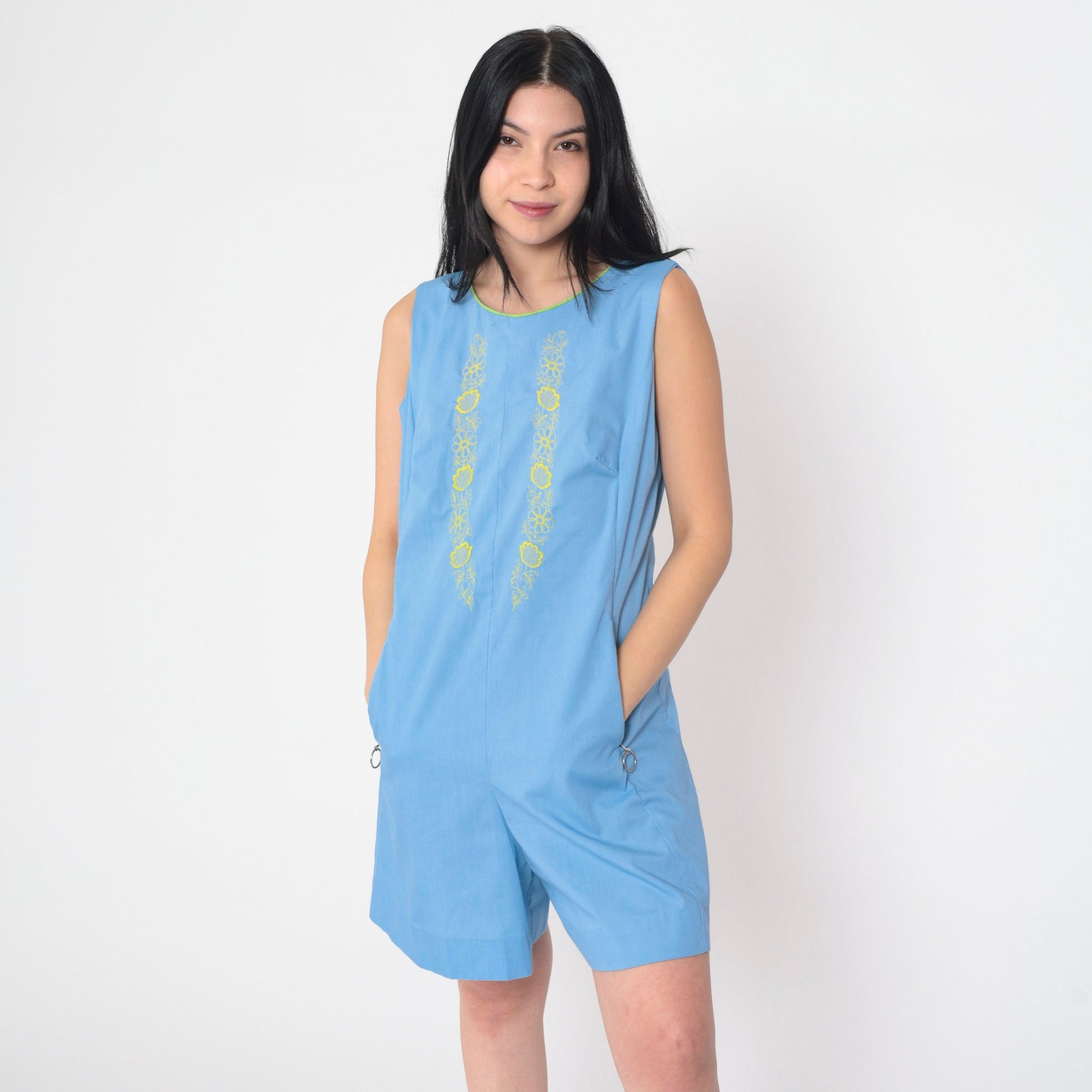 60s Mod Floral Embroidered Romper Blue Sleeveless Mini Cotton Small S