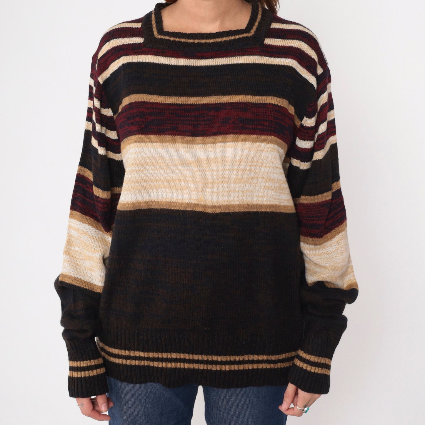 70s Sven Space Dye Striped Sweater Brown Burgundy Square Neck Knit Large L