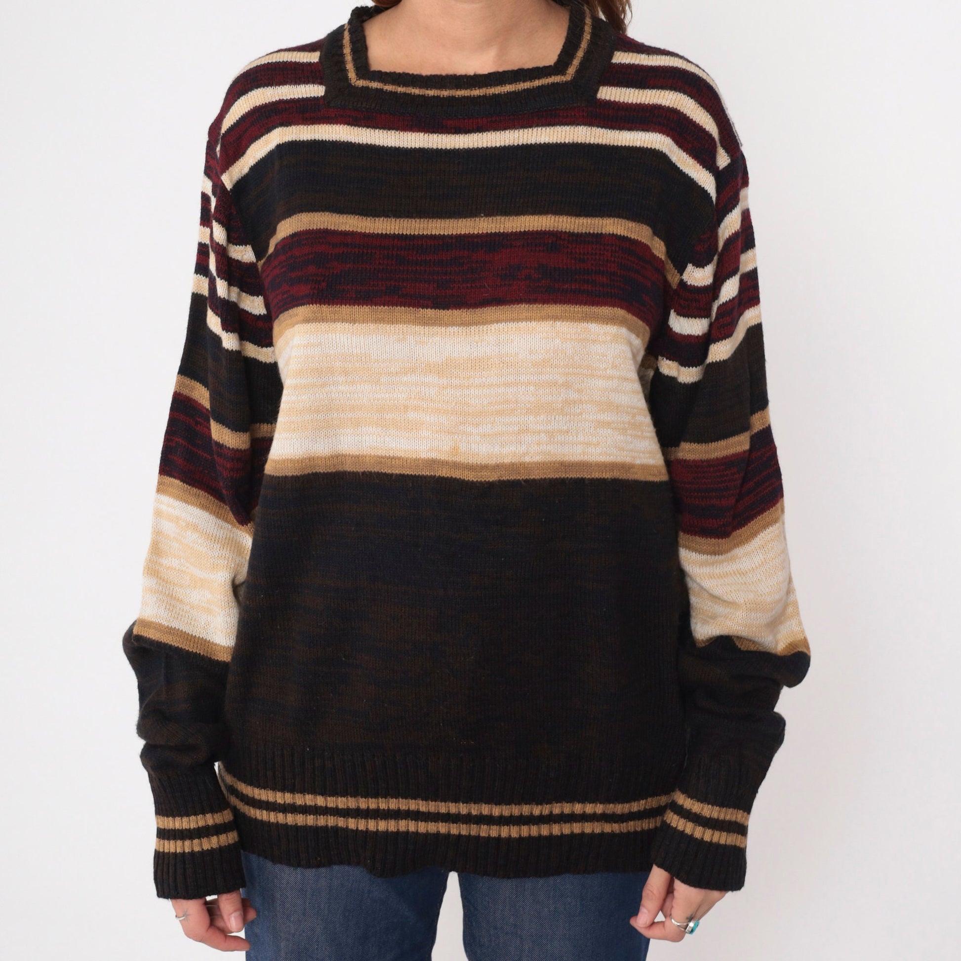 70s Sven Space Dye Striped Sweater Brown Burgundy Square Neck Knit Large L