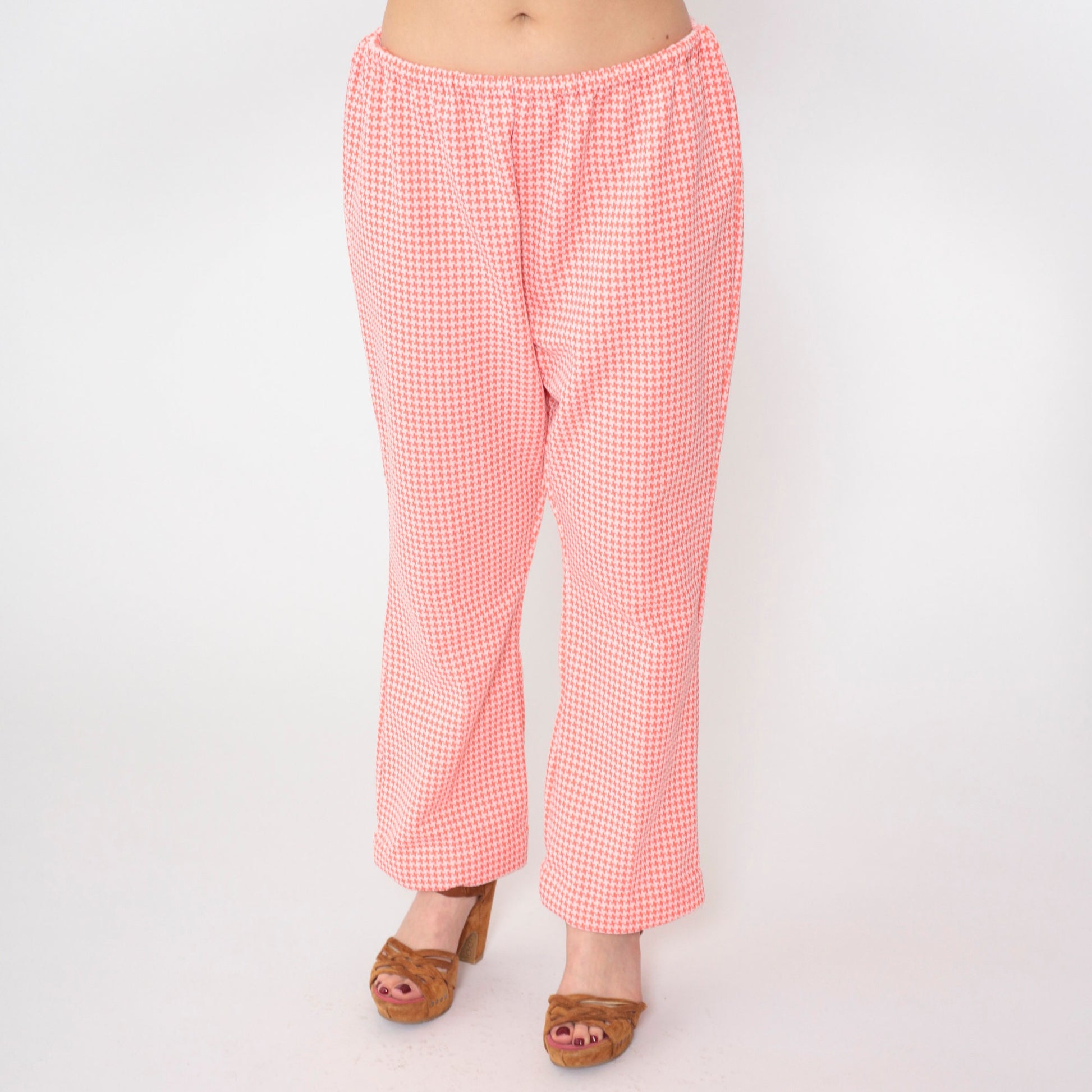 70s Pink Checkered Two Piece Set Button-Up Blouse Elastic Pants Large L