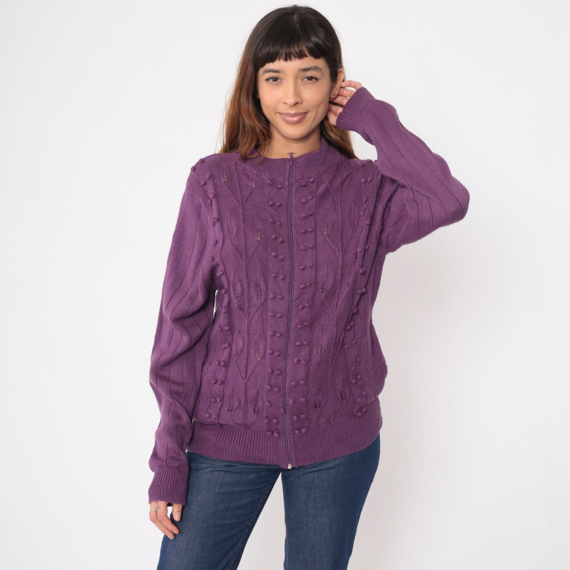 90s Purple Pointelle Cardigan Popcorn Knit Leaf Design Zip Up Sweater Medium