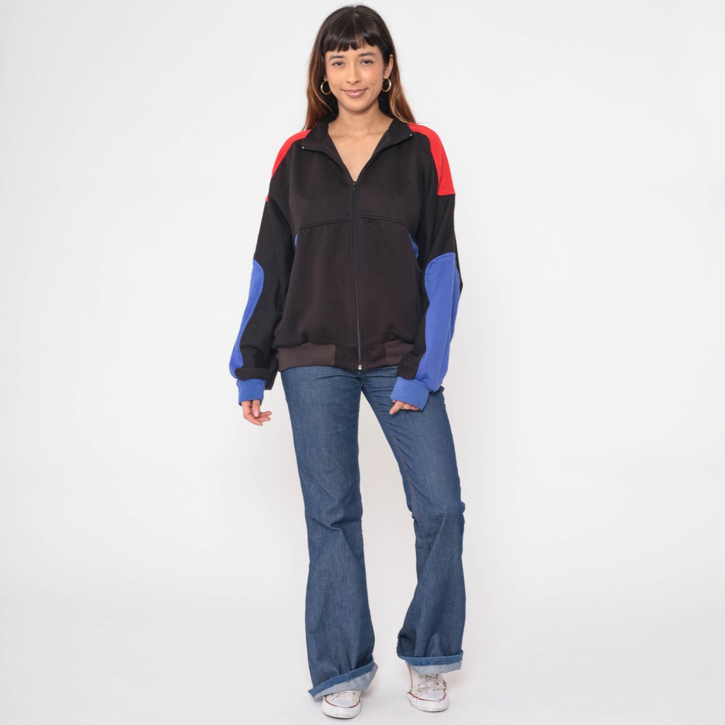 90s Dolfin Zip Up Sweatshirt Faded Black Red Blue Striped Track Jacket Large L