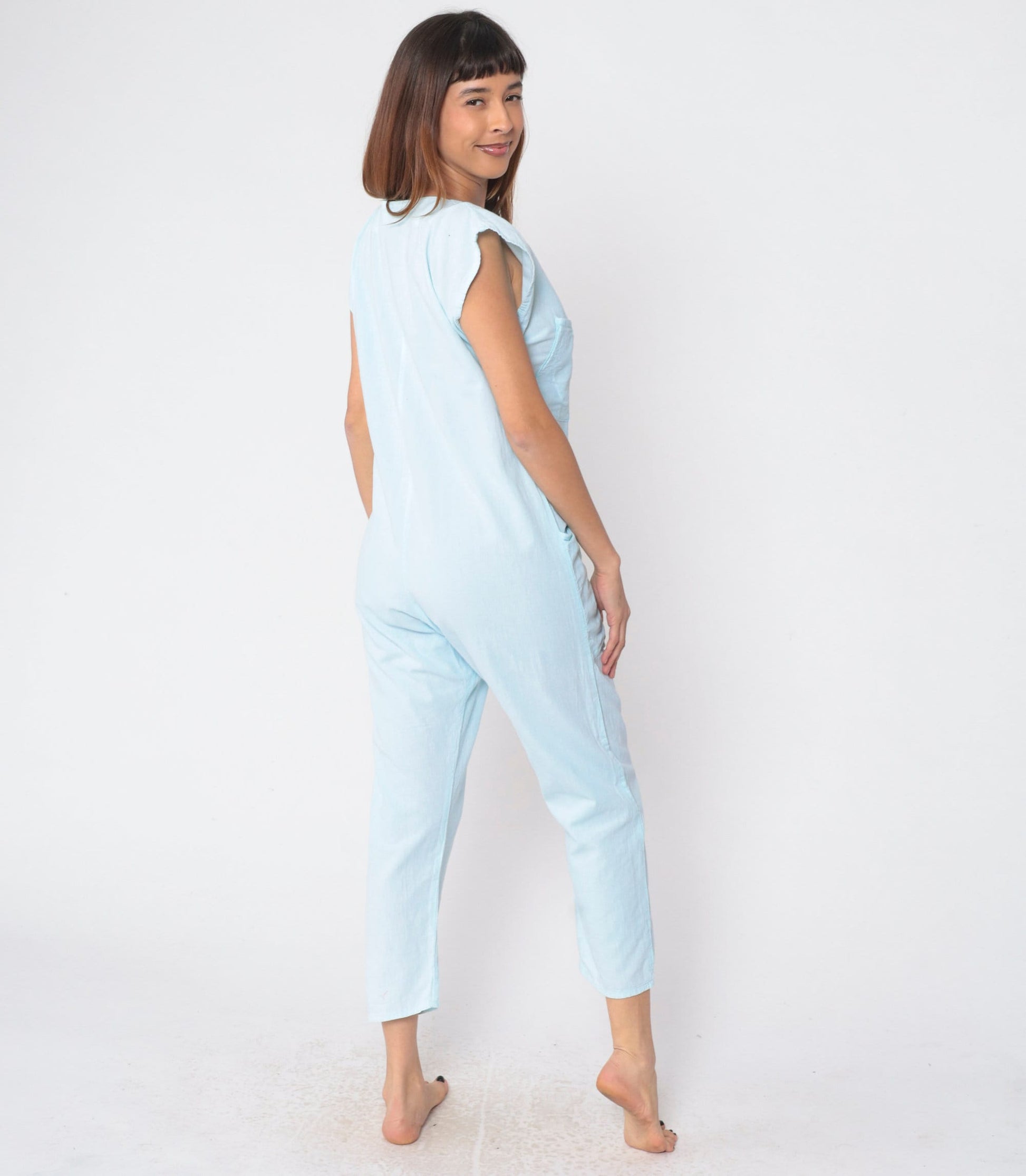 80s Baby Blue Cotton Jumpsuit Cap Sleeve Button Front Ankle Medium
