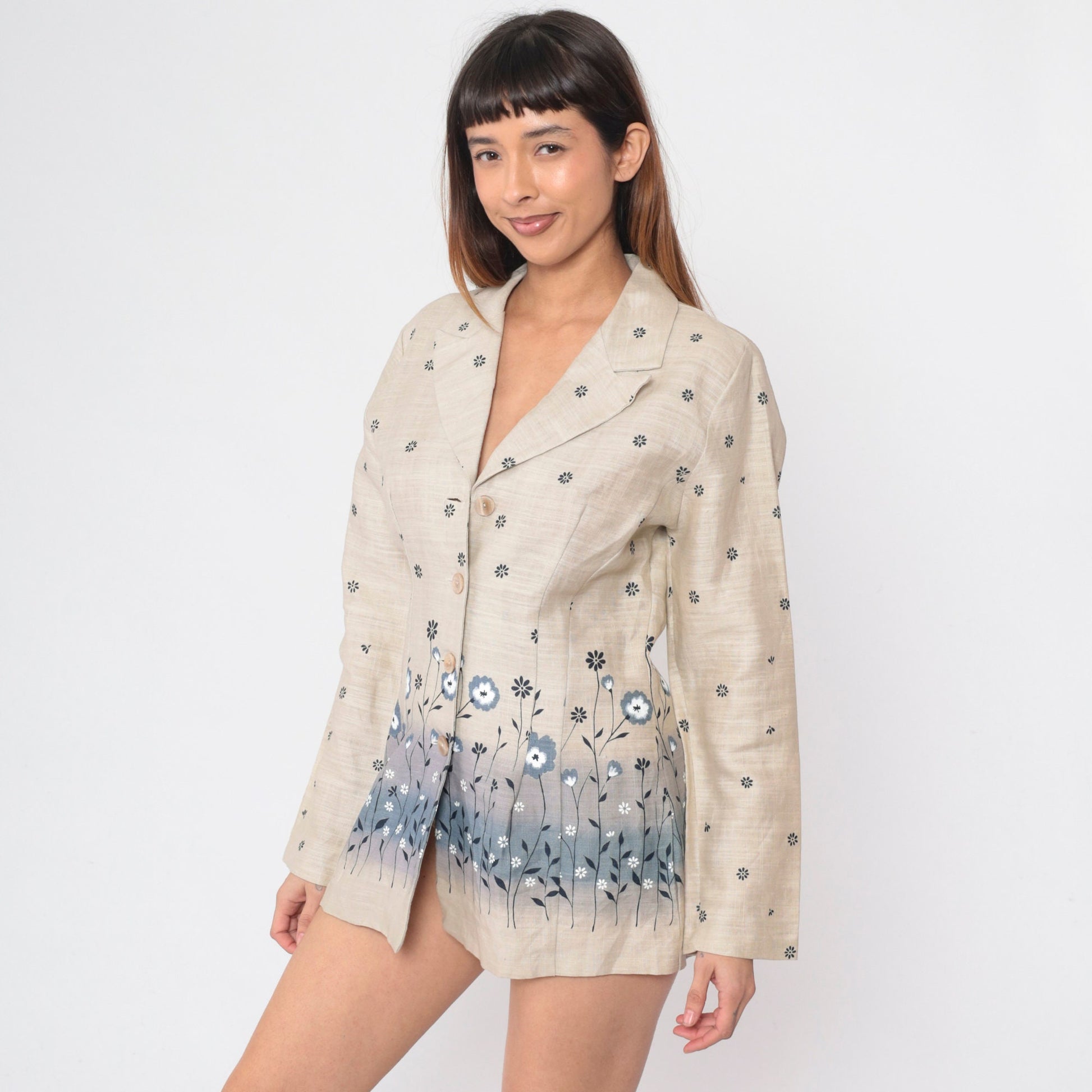 90s Floral Blazer Beige Cotton Blue Flower Print Structured Jacket Medium