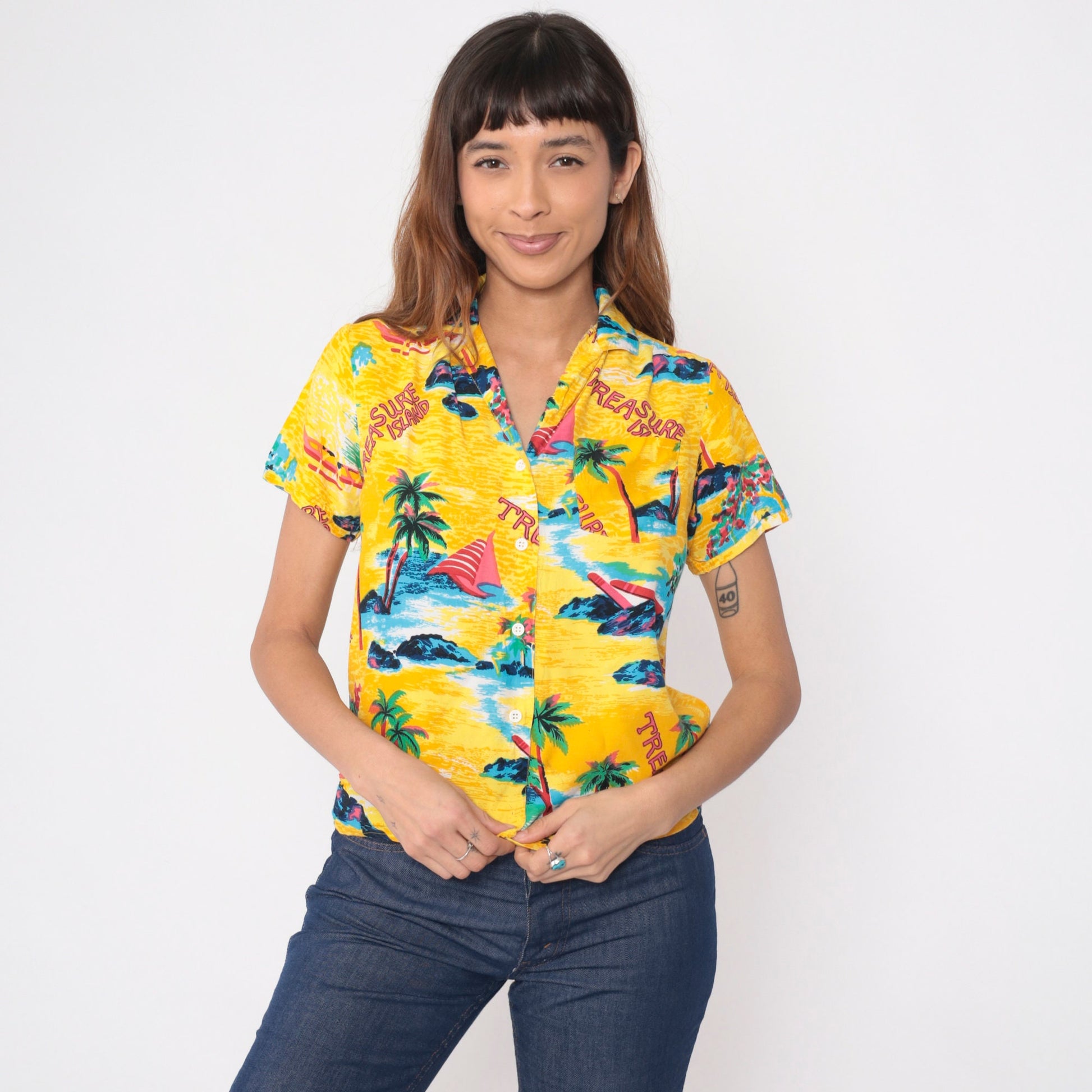 90s Sultra Tropical Shirt Yellow Palm Tree Sailboat Print Button Up Small