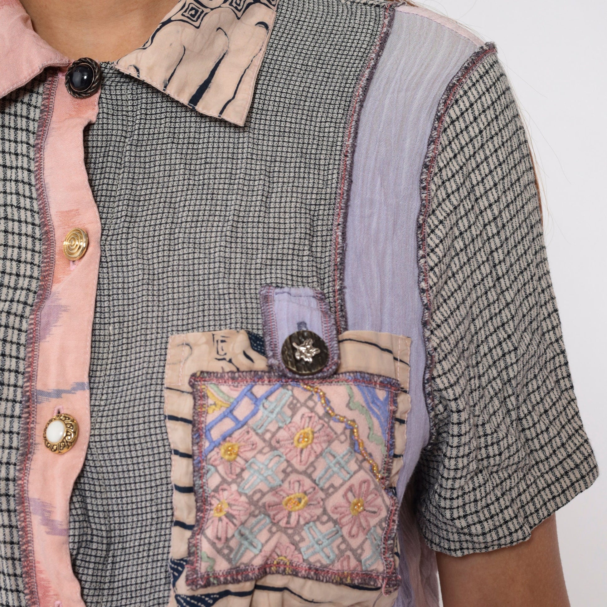 90s Mixed Print Button-Up Blouse Beaded Floral Embroidered Patchwork Small S