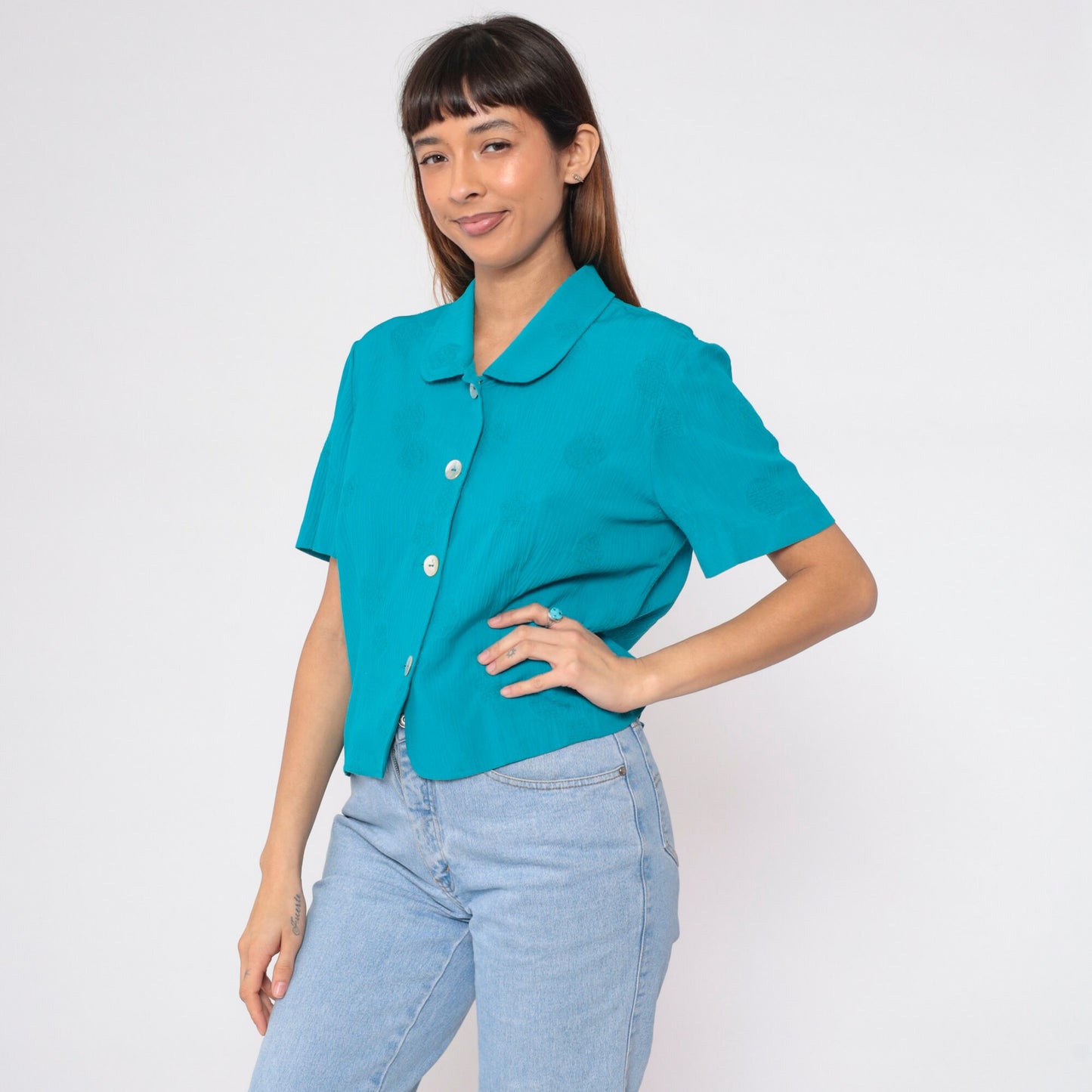 90s Bright Blue Mandala Print Button-Up Blouse Peter Pan Collar Short Sleeve Large