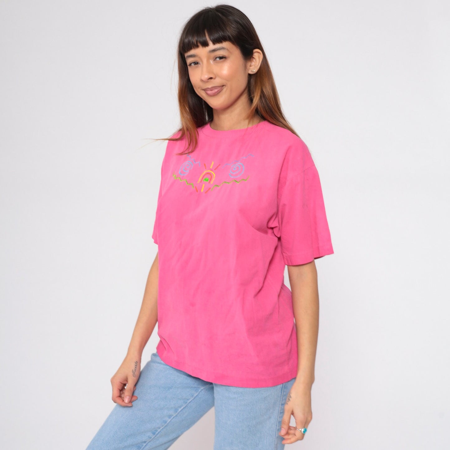 90s Peter Popovitch Embroidered Sun T-Shirt Hot Pink Abstract Tee Medium