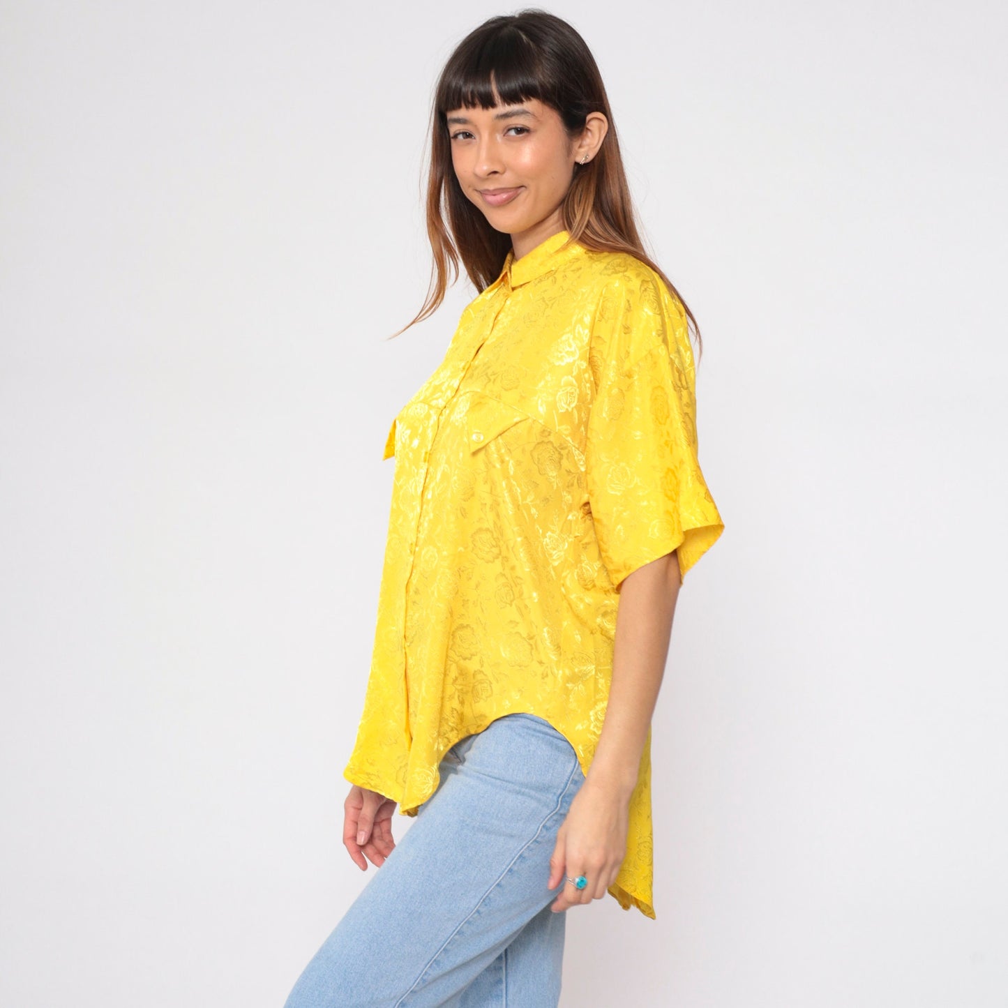 90s Angelus Yellow Floral Button-Up Blouse Embossed Short Sleeve Large