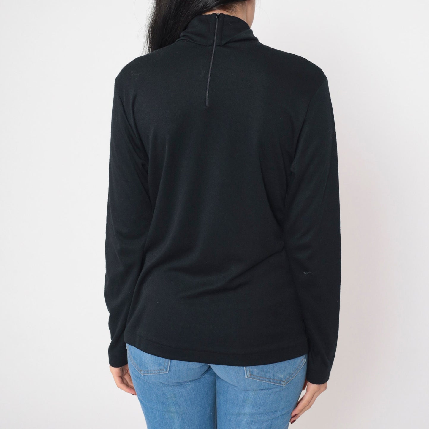 70s Black Turtleneck Long Sleeve Shirt Funnel Neck Layering Top Large L