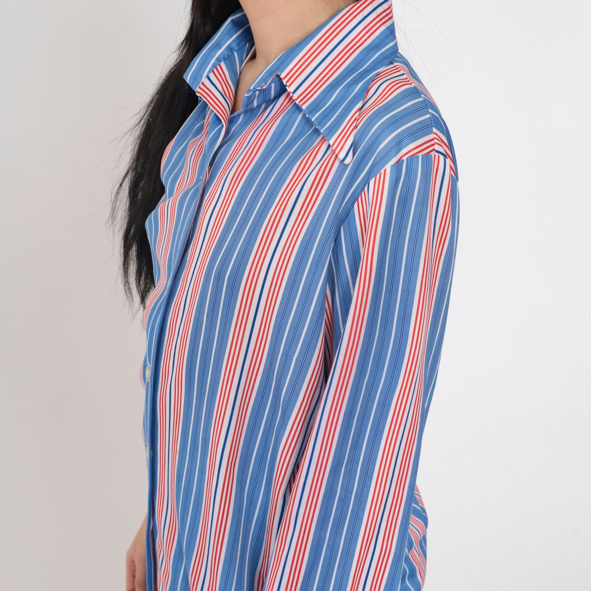 70s Red White Blue Striped Button-Up Blouse Long Sleeve Collared Shirt Medium