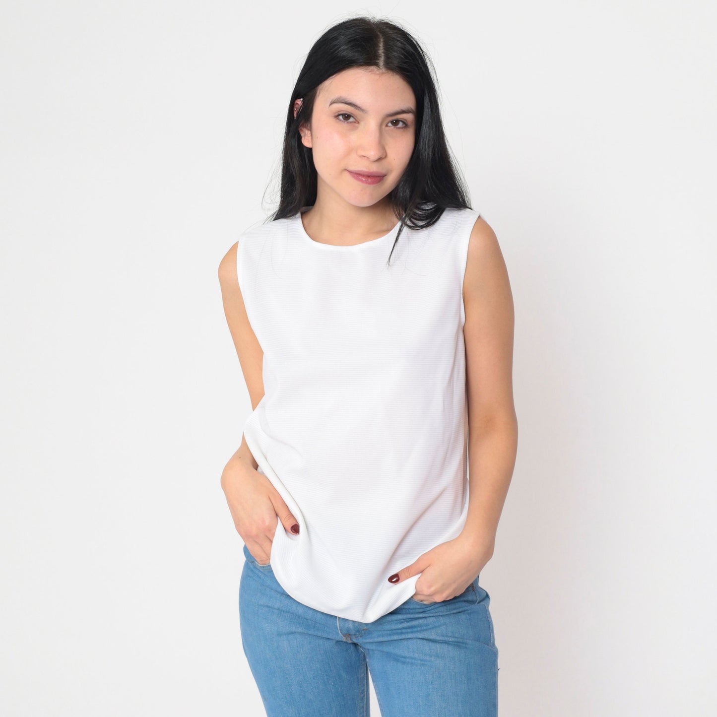 70s White Ribbed Tank Top Semi-Sheer Round Neckline Small Medium