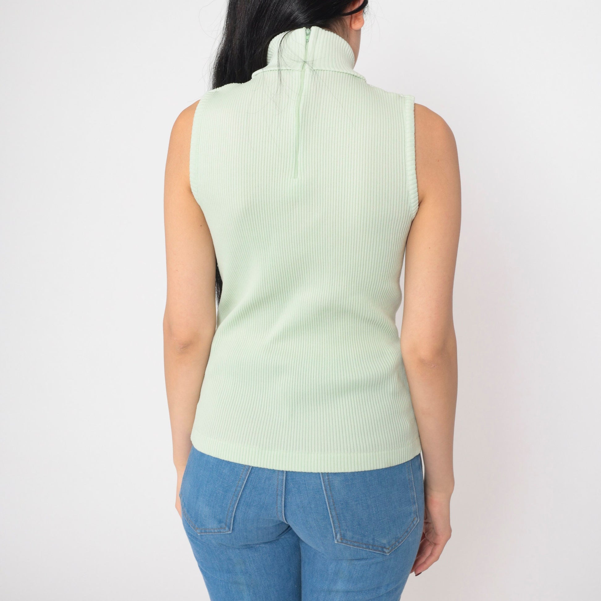 70s Mint Green Sleeveless Mock Neck Tank Top Small Medium