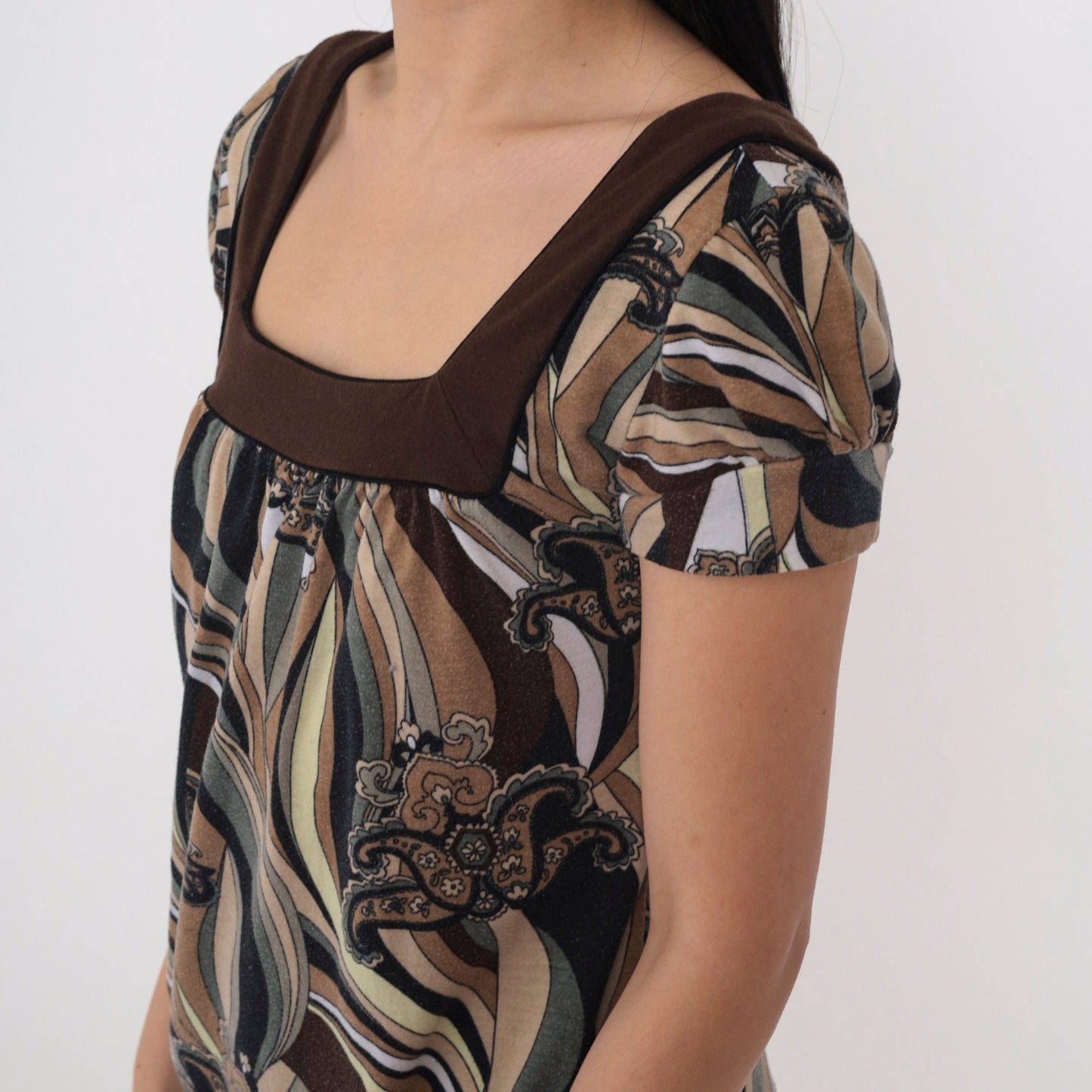 Y2K Abstract Floral Paisley Puff Sleeve Blouse Brown Short Sleeve Small S