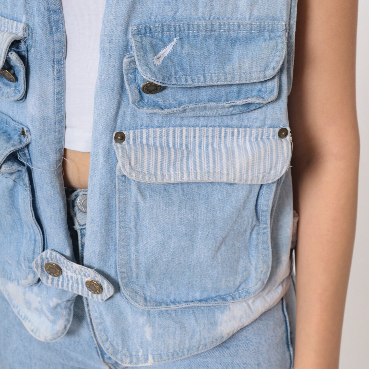 90s Blue Denim Cargo Vest Striped Button-Up Sleeveless Small S