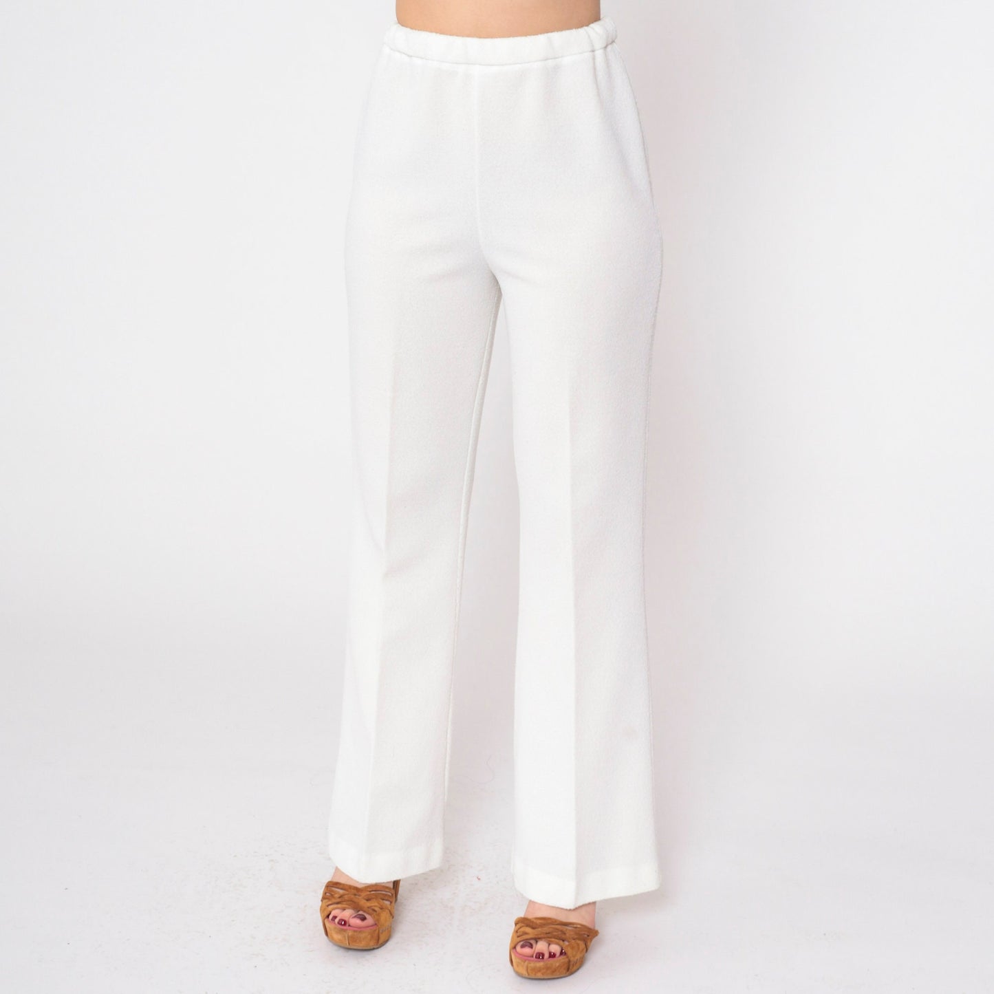 70s White High-Waist Straight Flared Trousers Elastic Waist Medium