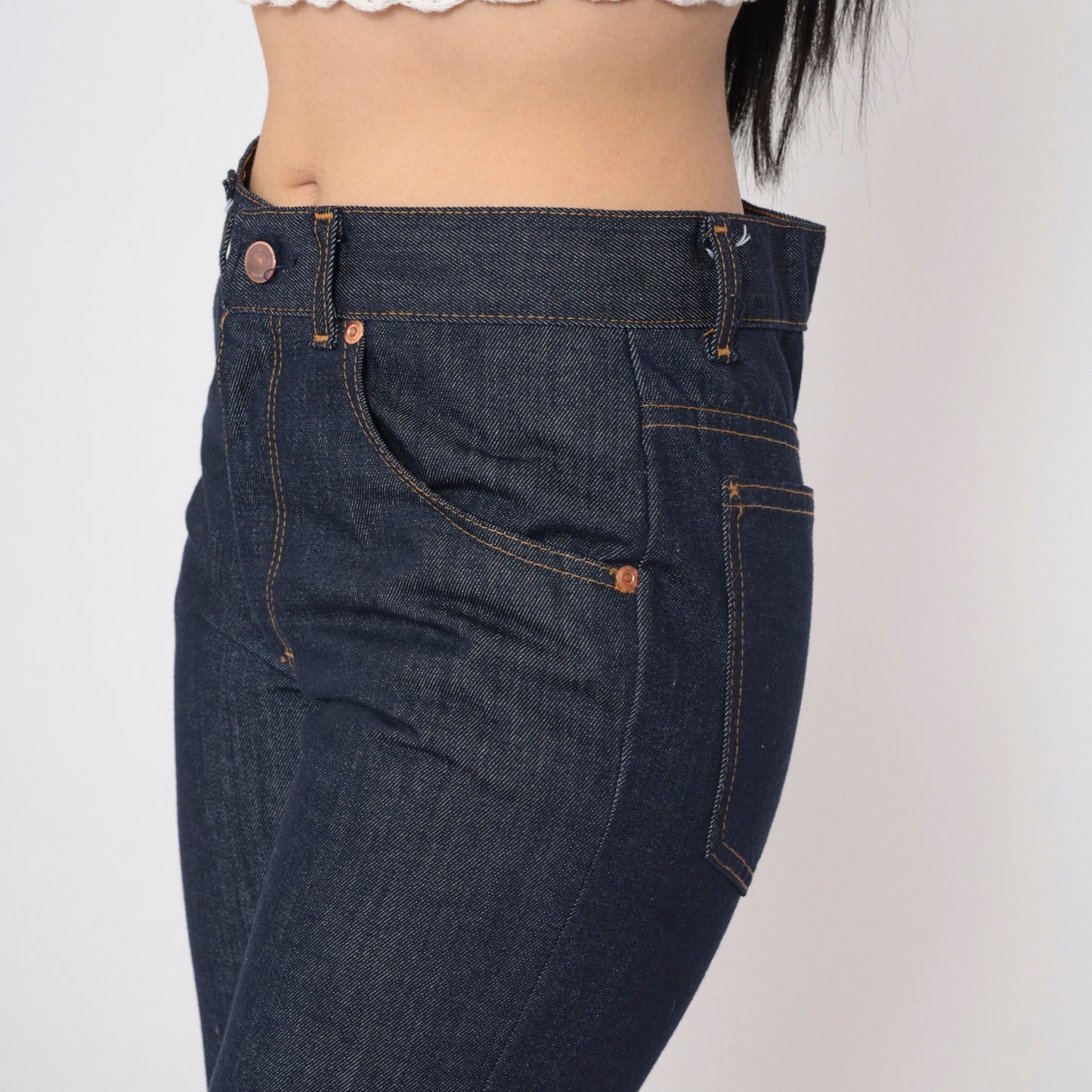 80s Dark Blue Flared Denim Jeans Mid Rise Orange Topstitch Small S